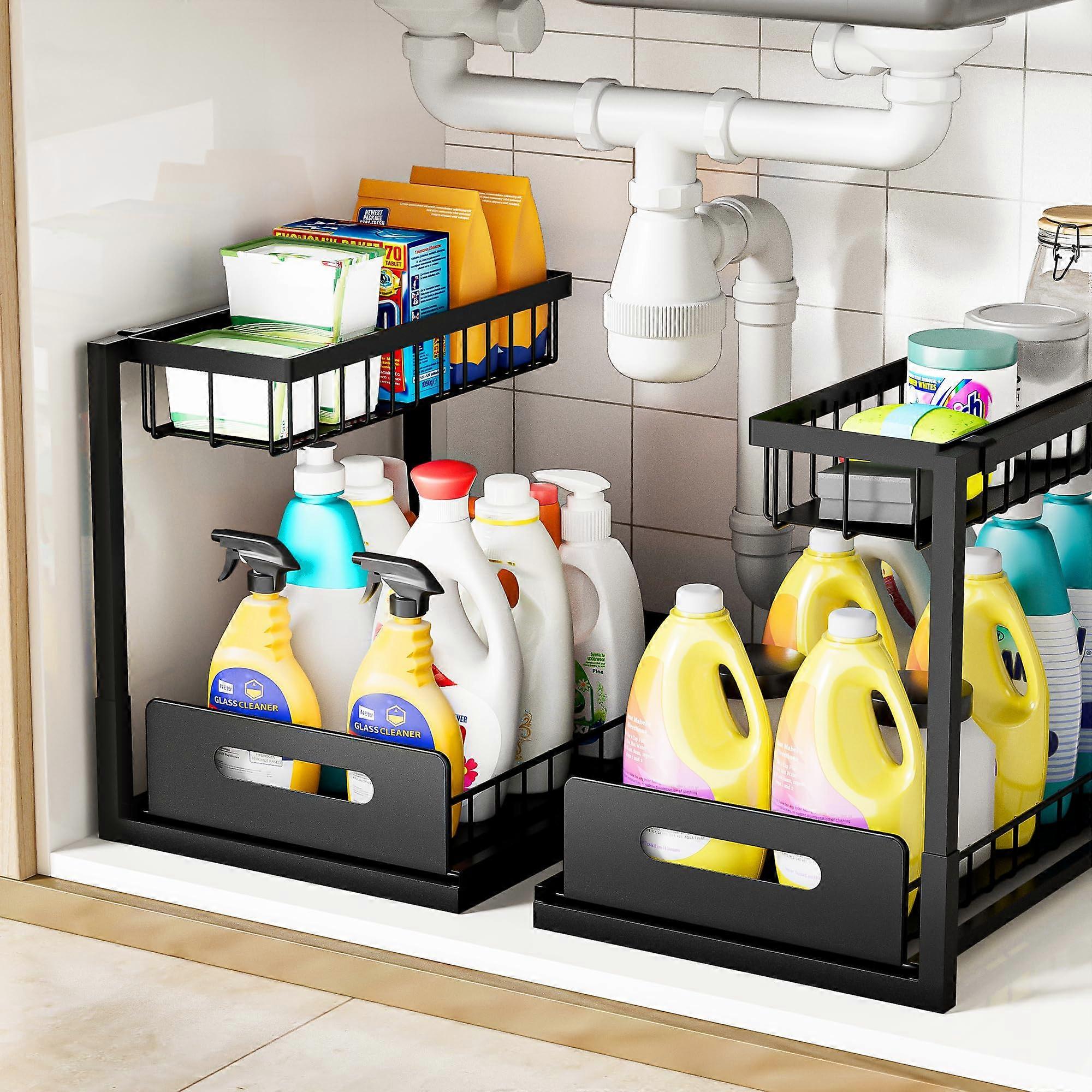 Under Sink Organizer 2 Pack Black, 2 Tier PullOut Storage Shelf for Kitchen and Bathroom