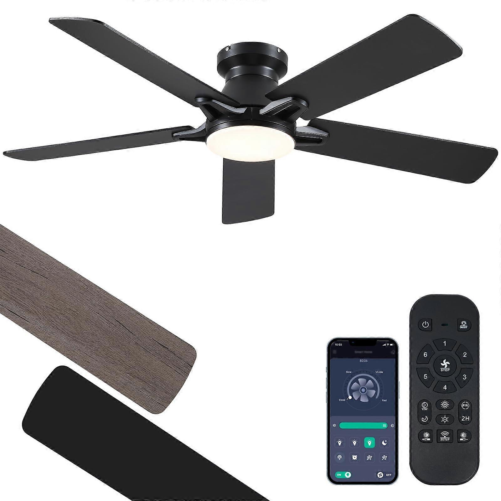 52 Inch Black Flush Mount Ceiling Fan with Remote and App Control, Dimmable LED, Reversible DC Motor