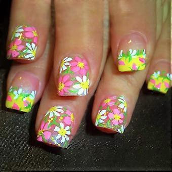 24Pcs Colorful Floral Press on Nails Yellow French Tip Short Medium Reusable Acrylic Fake Nails