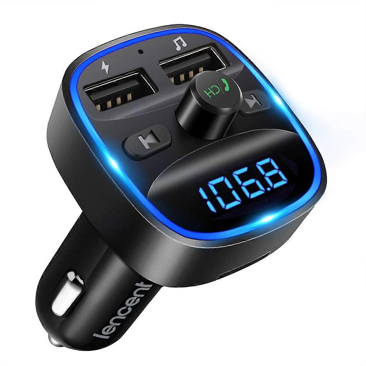 Bluetooth FM Transmitter Car Adapter Dual USB Fast Charging Hands Calling Voltage Display Blue