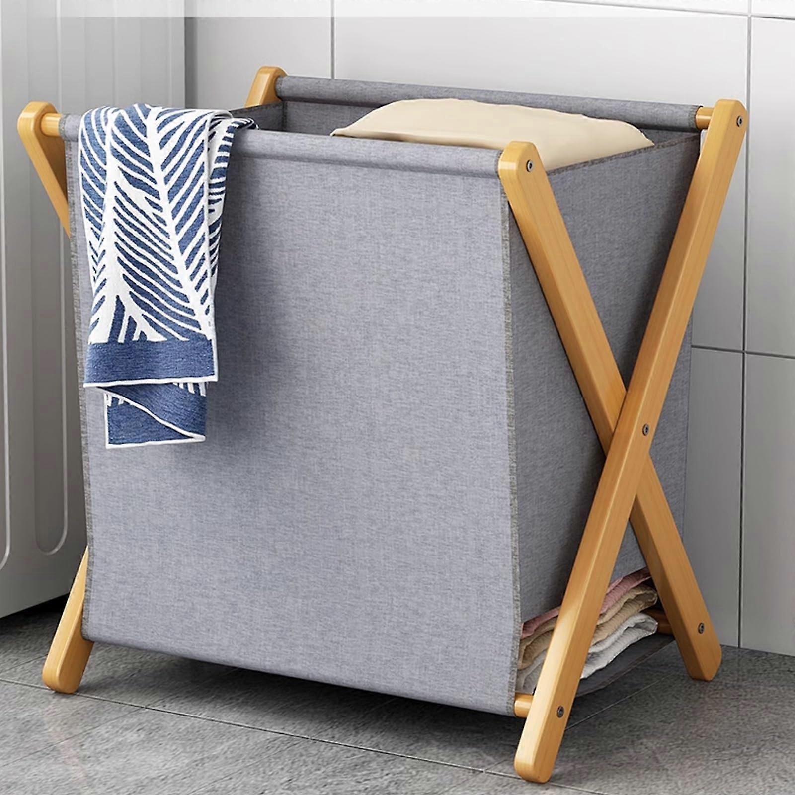Foldable Laundry Basket with Lid, Collapsible Hamper for Bedroom Bathroom, Bamboo Frame, Grey