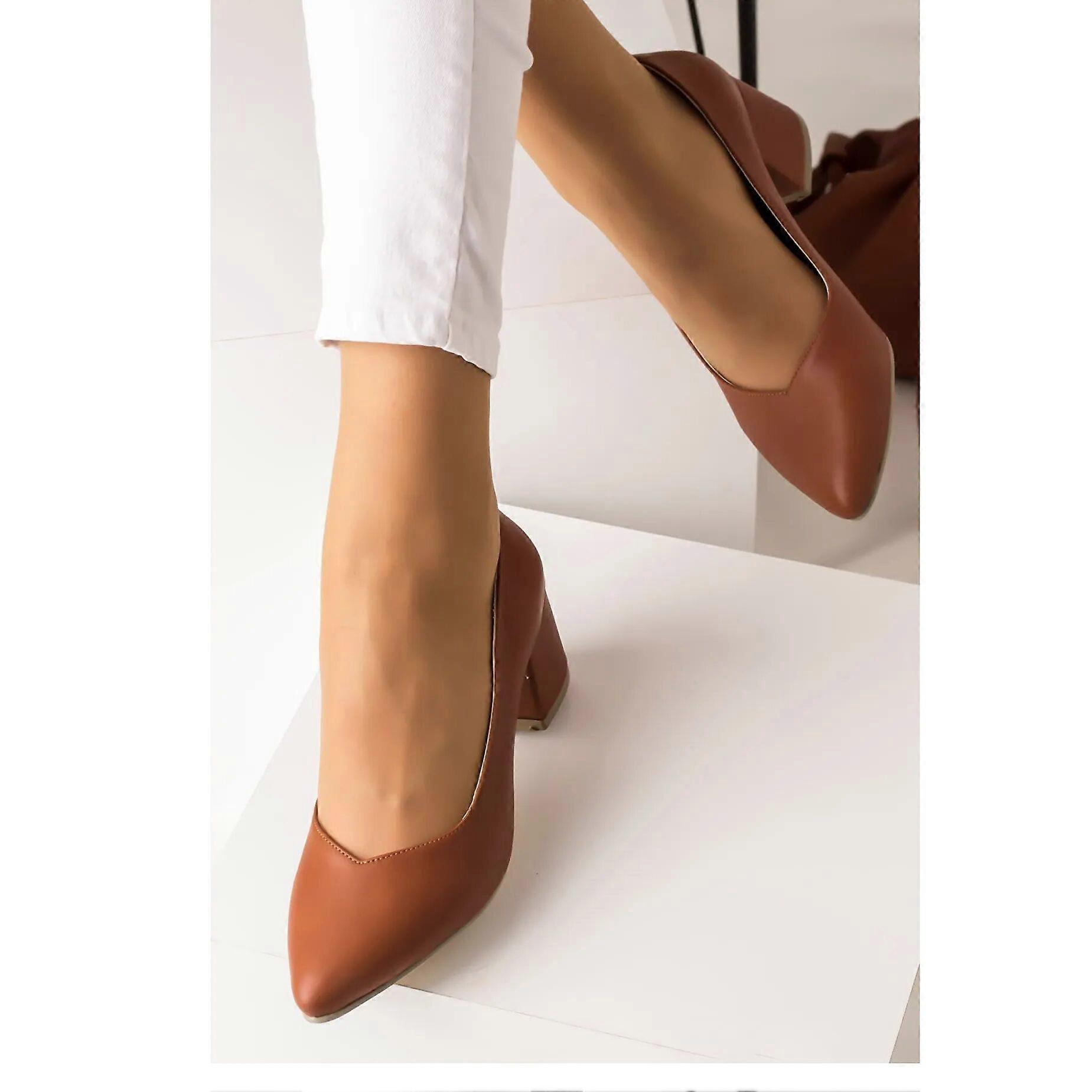 Brown Block Heel Pumps for Women RA-162