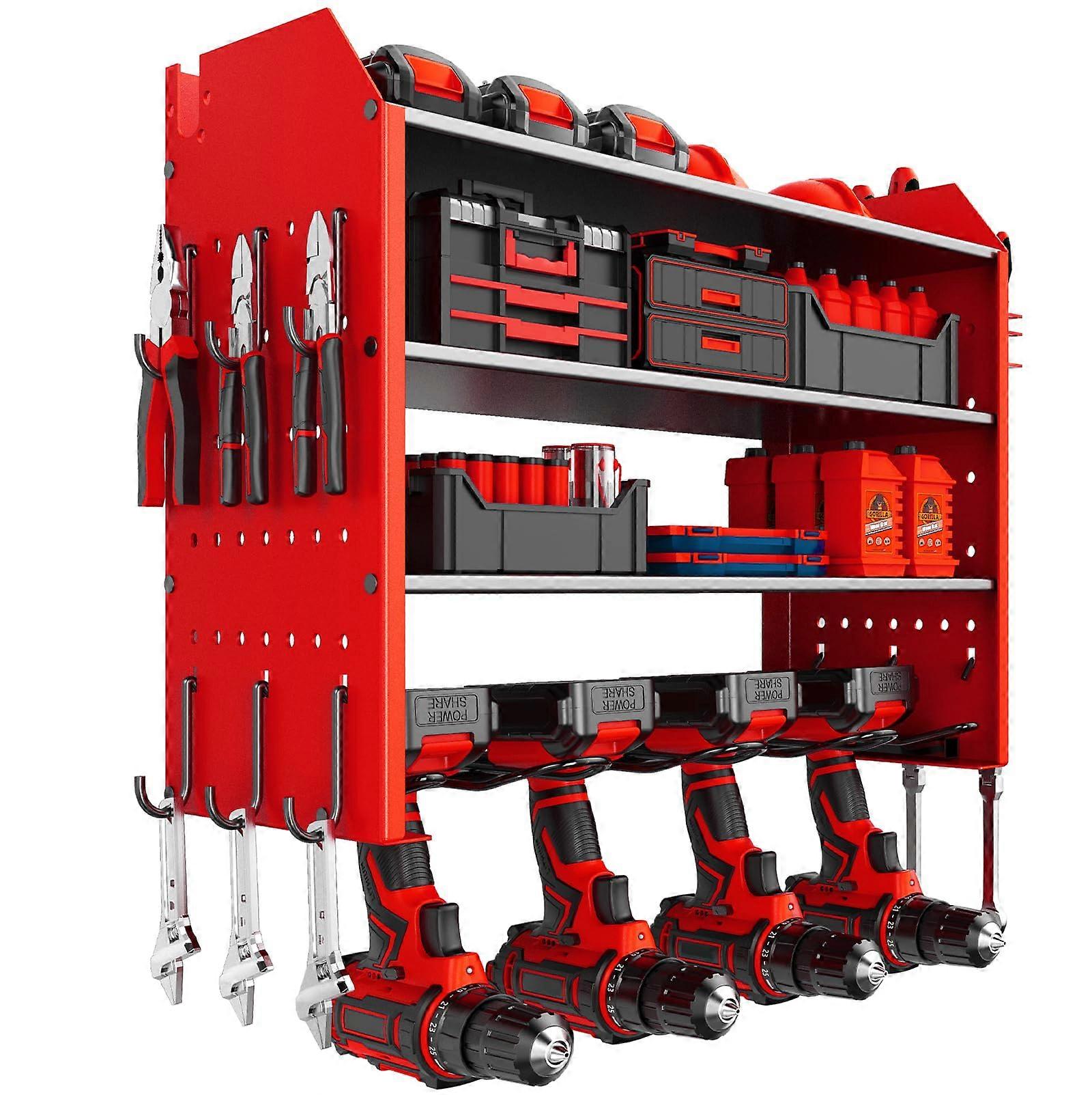 Heavy Duty Wall Mounted Tool Storage Rack with Drill Holder for Garage and Workshop, Red