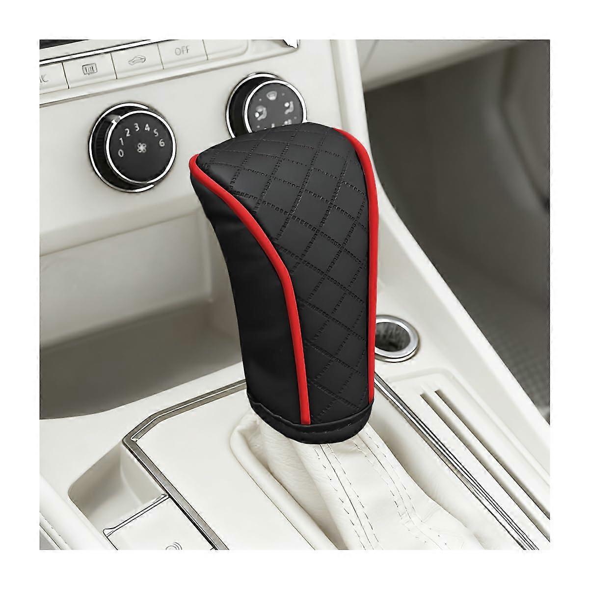 Universal Leather Car Gear Shift Knob Cover, Breathable AntiSlip Grip Protector, Black/Red