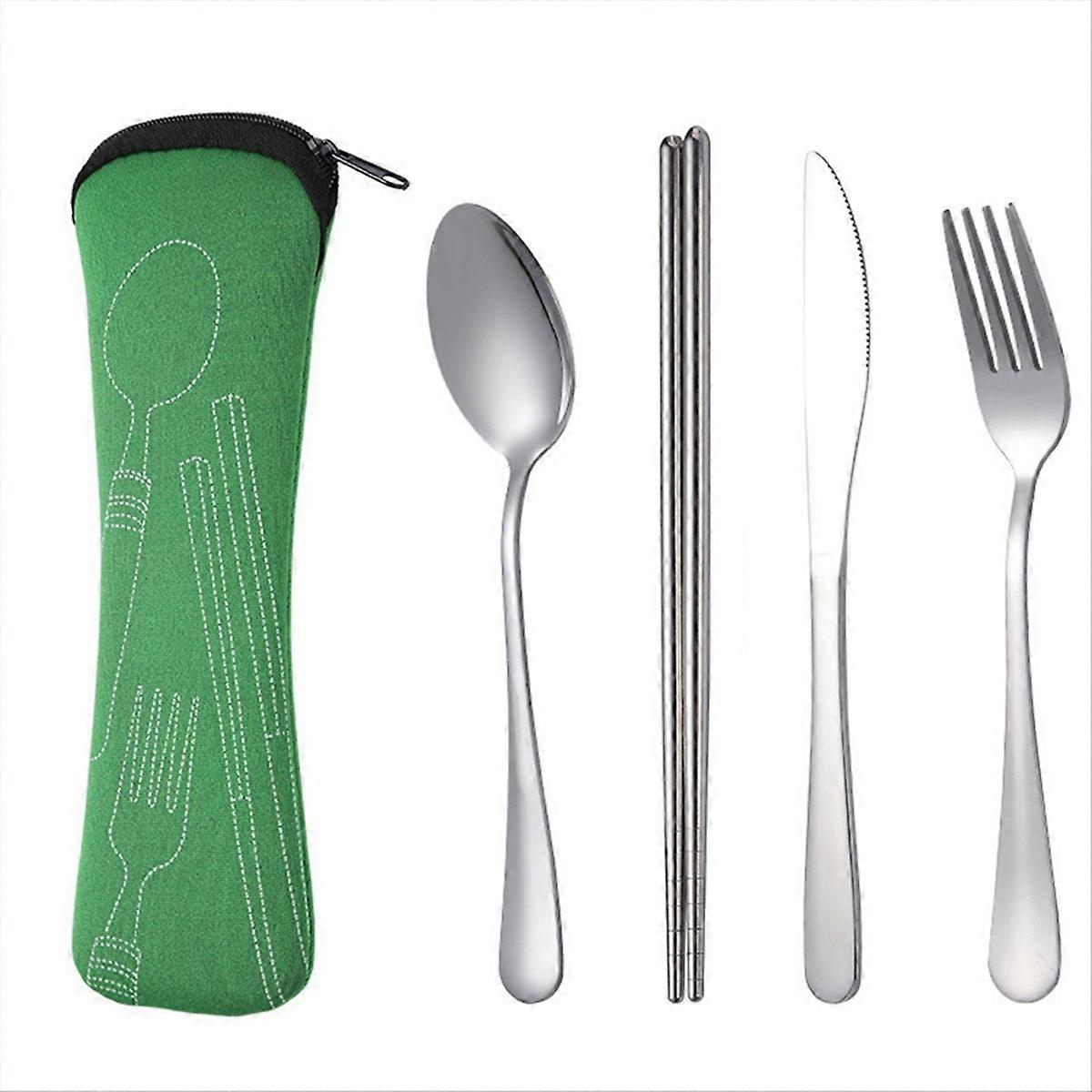 4Pcs Set Dinnerware Portable Spoon Fork Steak Knife Set Green