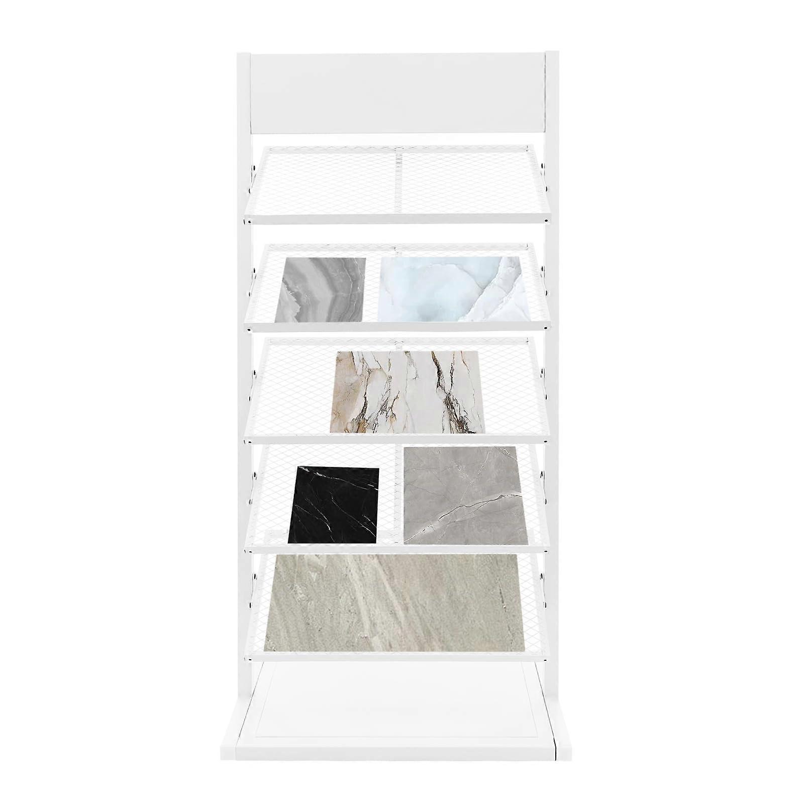 5Tier Ceramic Tile Display Rack with RustResistant Metal Frame, Floor Standing Sample Shelf, White