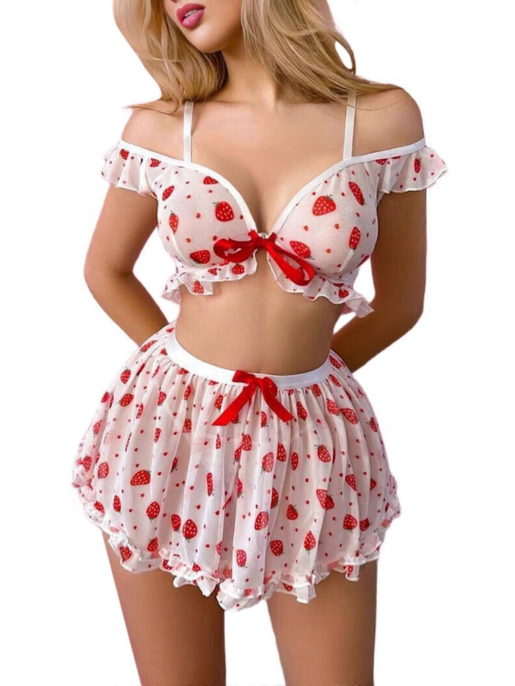 Strawberry Print Patchwork Lace Cute Short Skirt Set Strawberry Pattern L
