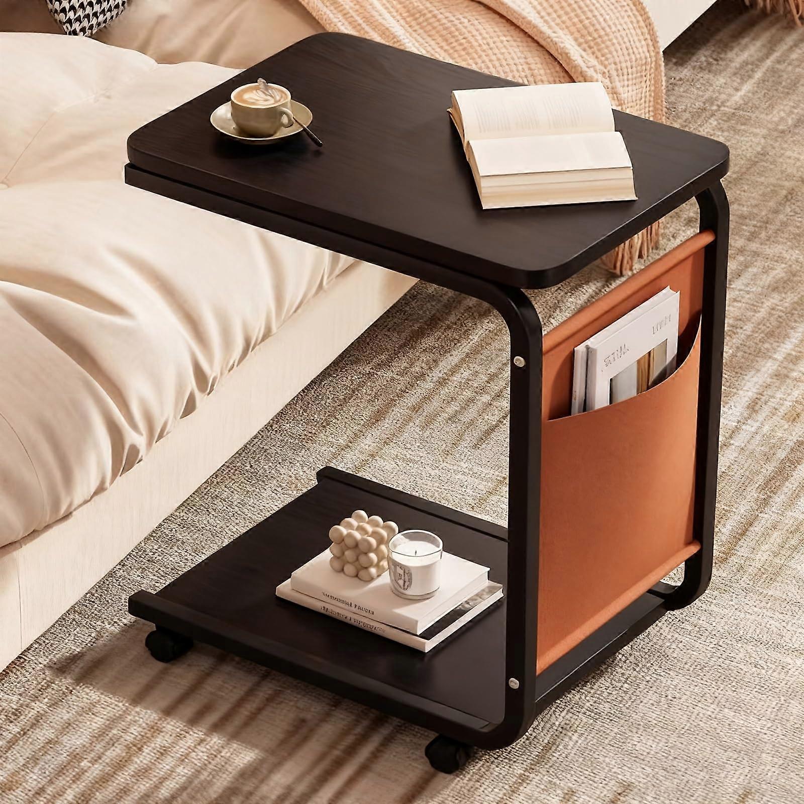 Solid Wood Overbed Table with Wheels, Adjustable Height Bedside Computer Workstation, Heavy Duty Metal Frame, Black 40x28x63cm