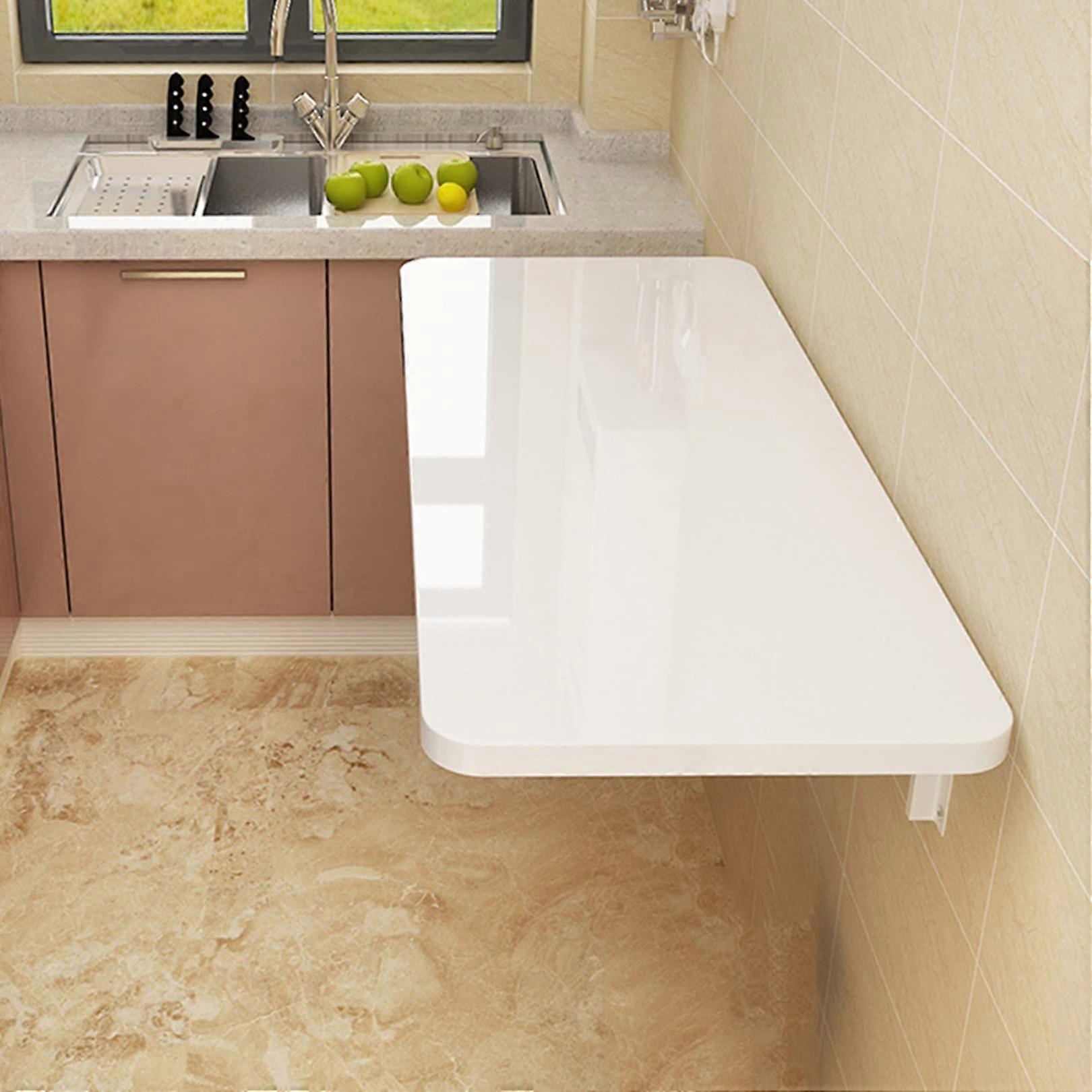 Wall Mounted Folding Table 90x50cm White Solid Wood SpaceSaving Fold Down Dining Desk for Kitchen and Laundry Room
