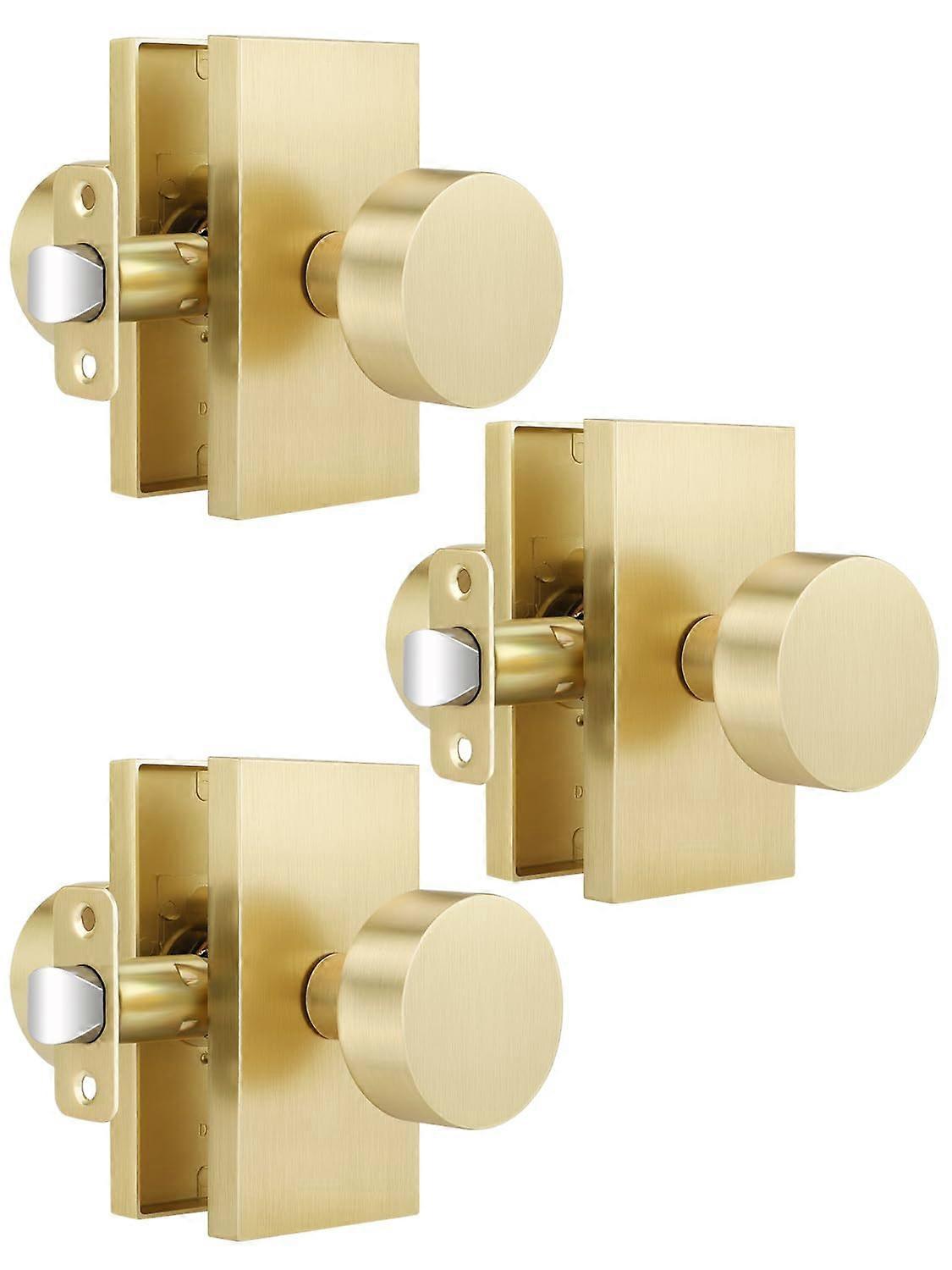 Brushed Gold Passage Door Knobs 3 Pack, Modern Rectangular Non Locking Hall and Closet Handles
