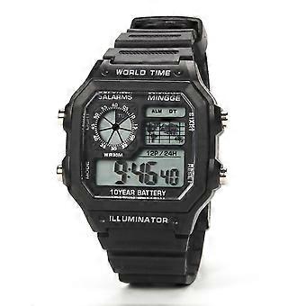 Digitaal horloge voor heren met datumweergave en verstelbare band, schokbestendig en waterdicht ontwerp met chronograaf, stopwatch en EL-verlichting.