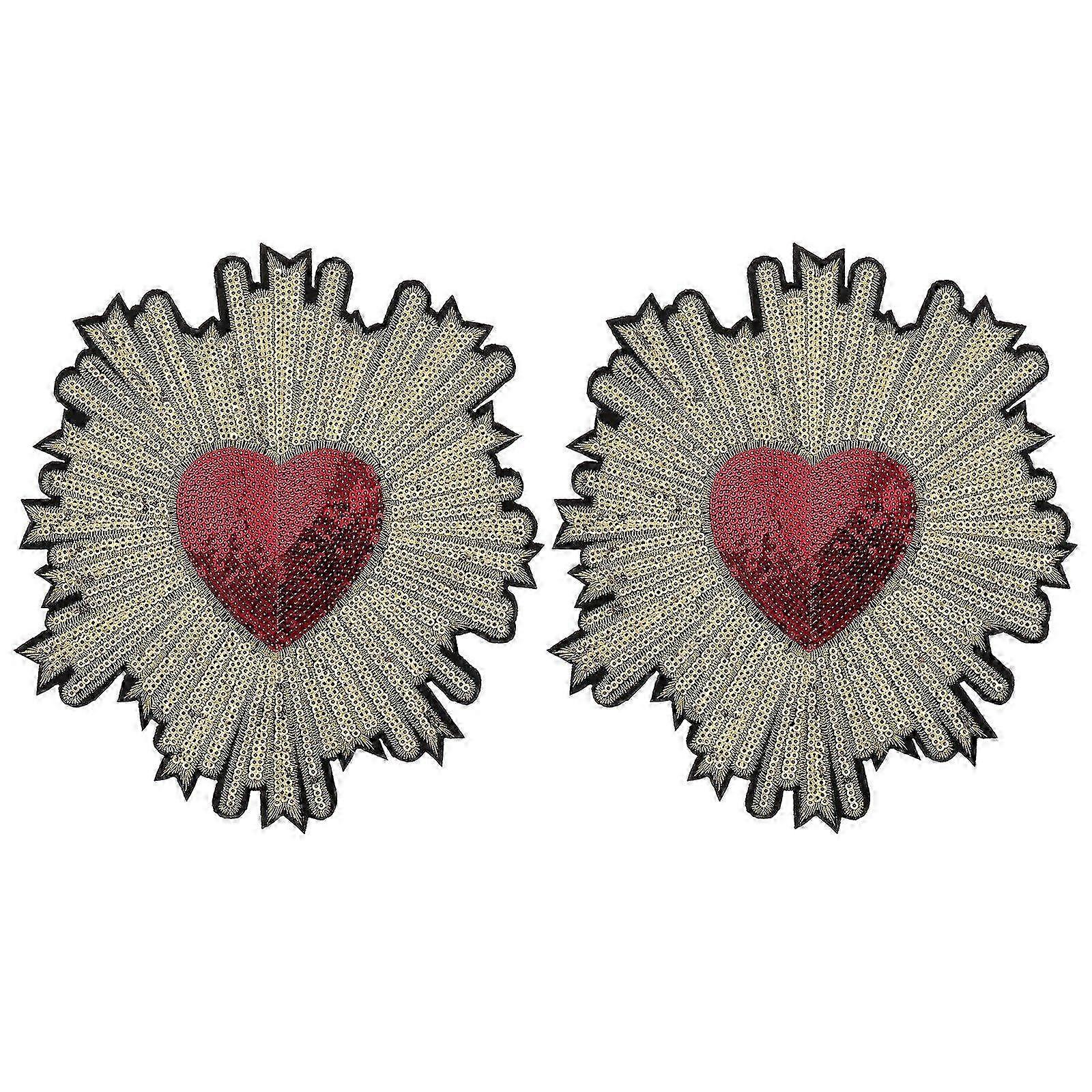 2pcs Embroidery Patch Handmade Sequins Peach Heart Decals Clothing Accessory