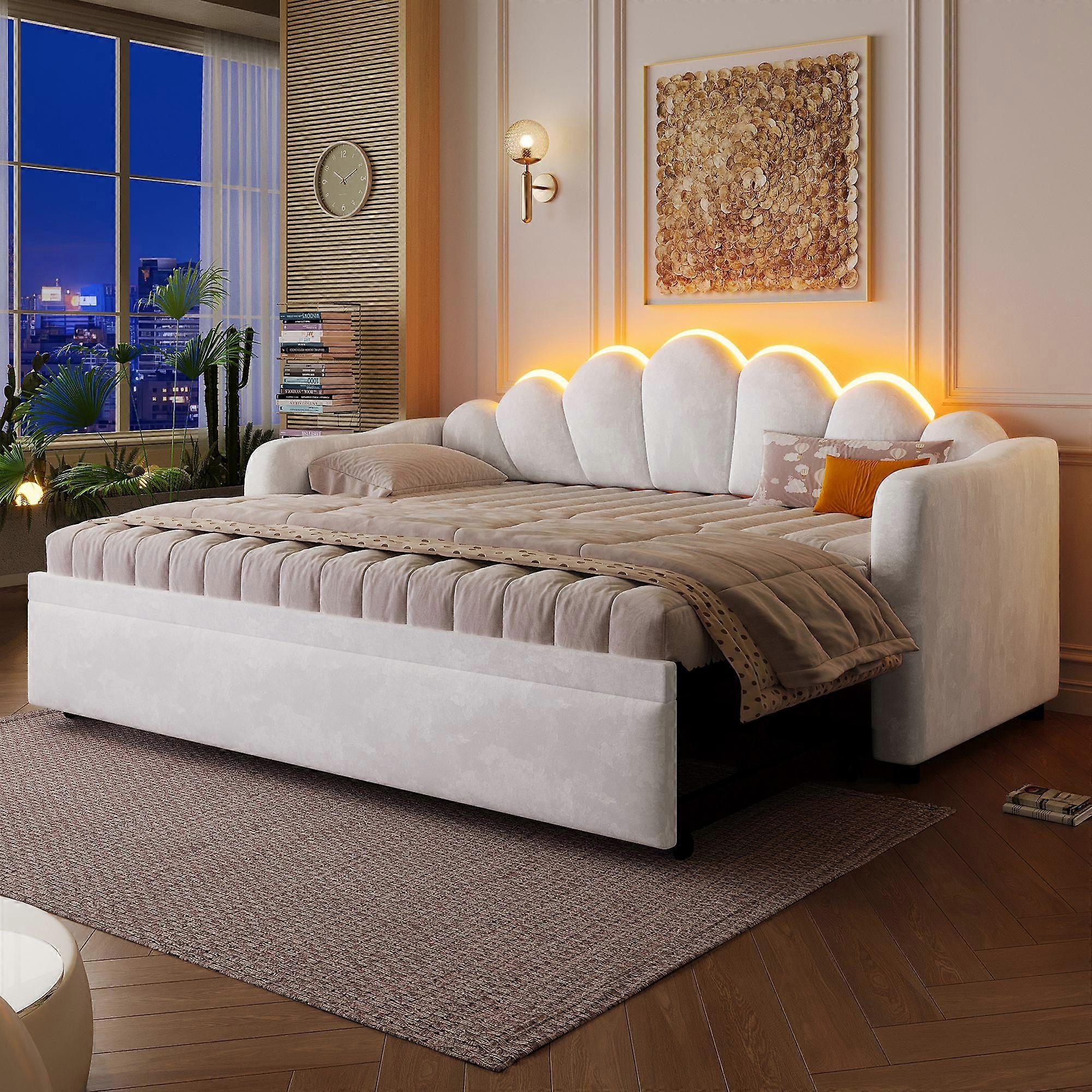90x200 cm upholstered daybed with pull-out function and LED lighting, pull-out function flat or upright, white