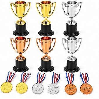 12-delt mini-trofæ- og medaljesæt, guldplastiktrofæer, trofæmedaljer til børnefødselsdage, sportskonkurrencer