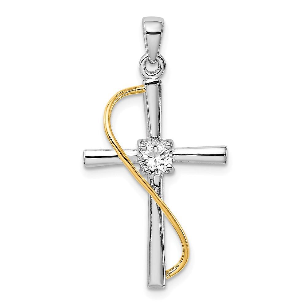 17mm 925 Sterling Silver Rhodium and Gold tone Polished With Cubic Zirconia Religious Faith Cross Pendant Necklace-Penda