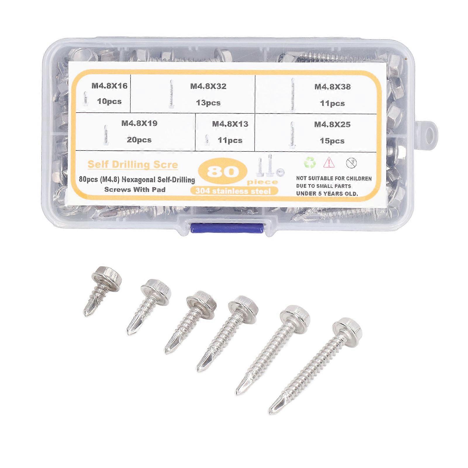 80Pcs Hex Washer Head Self Drilling Screw Set with Storage Box Stainless Steel Corrosion Resistance Screw Kit M4.8