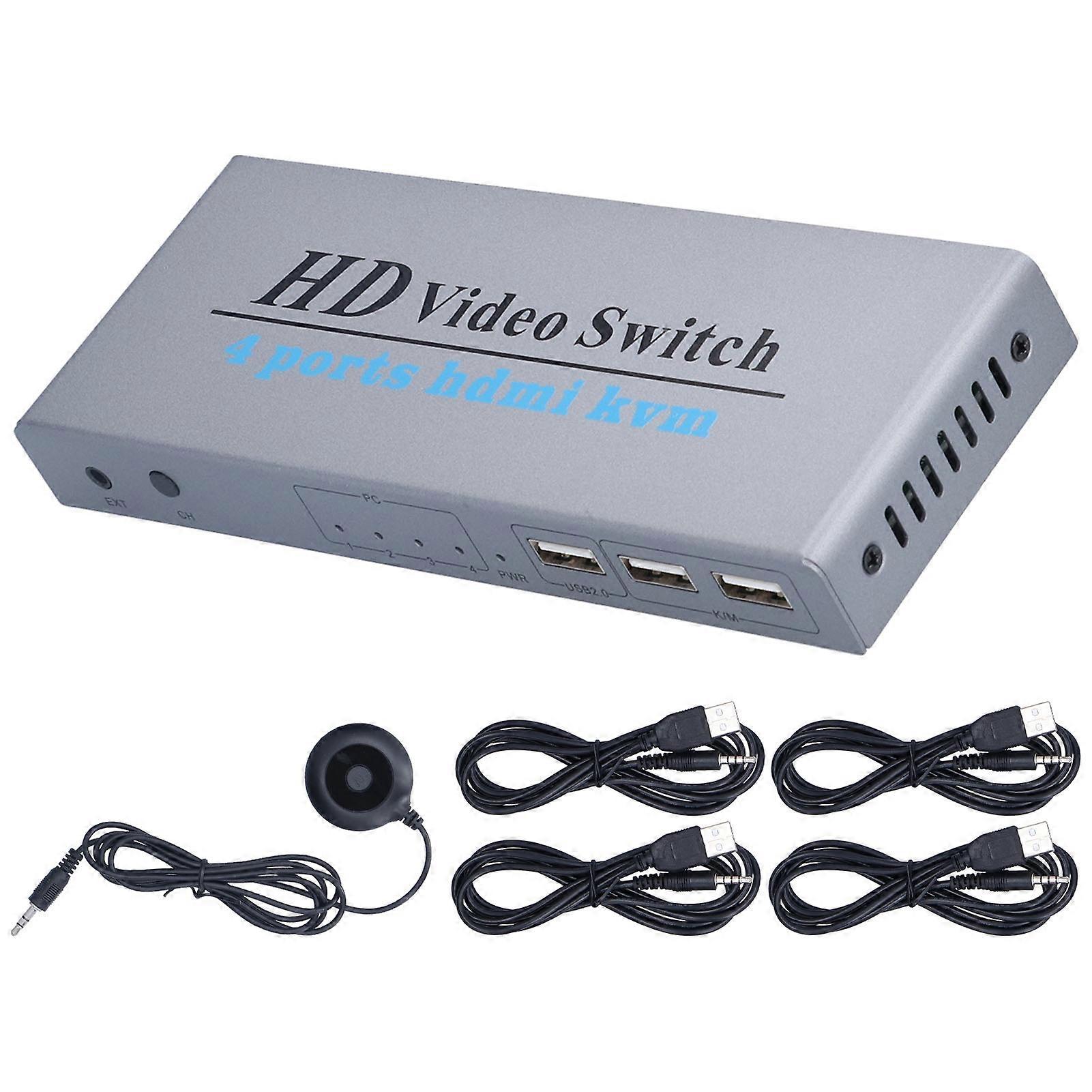 KVM Switch 4 Input 1 Output 4 Port HighDefinition Multimedia Interface Screen Switcher with 4 Connection Cables for PC