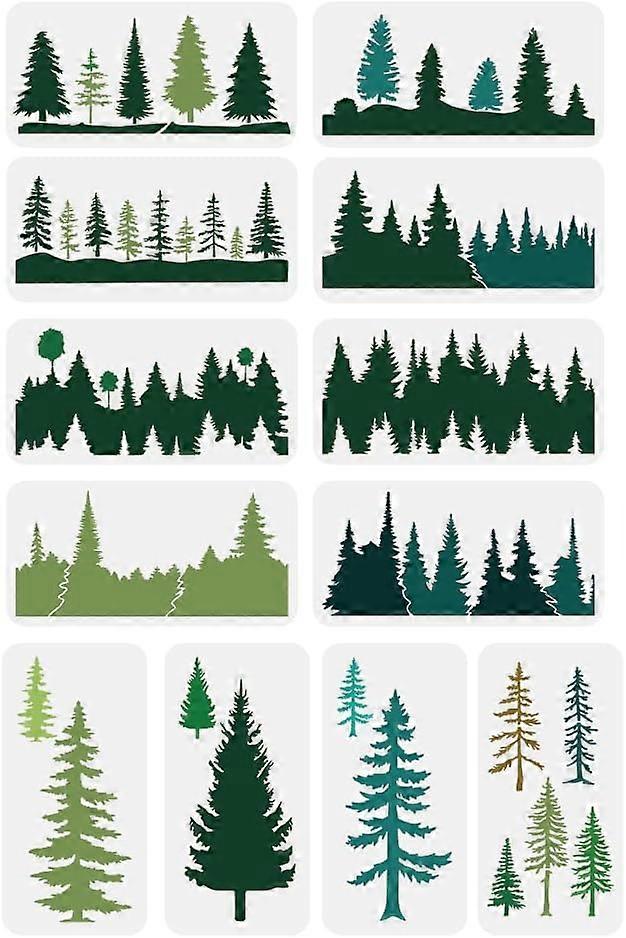 12 Pcs Pine Trees Drawing Stencil 11.8x5.9inch Reusable Pine Trees Forest Trees Branches Painting Template Christmas Theme Decoration Stencil for Pain