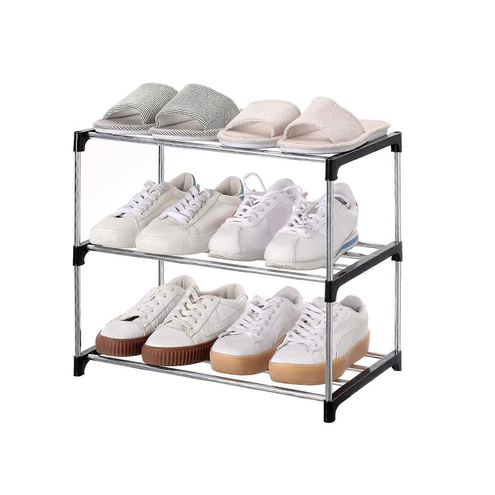 Stackable Small Shoe Rack, Entryway, Hallway and Closet, Space Saving Storage and Organization (3 Tier, Black)
