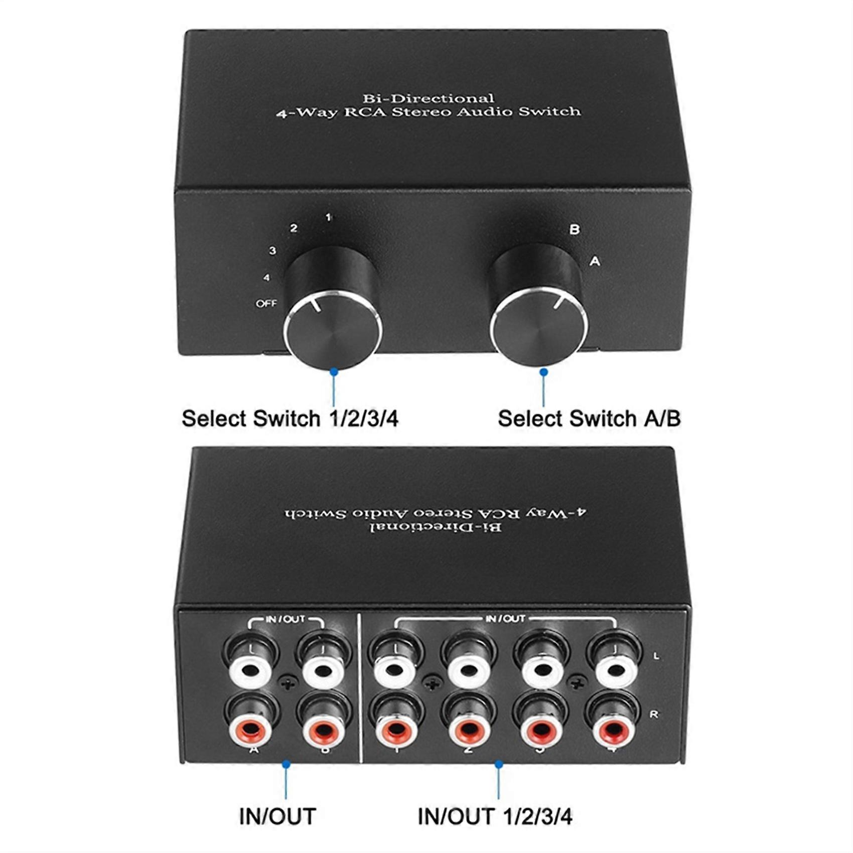 Bi-Directional 4-Way RCA Stereo Audio Switch L/R Sound Channel Audio Switcher,2 in 4 Out or 4 in 2
