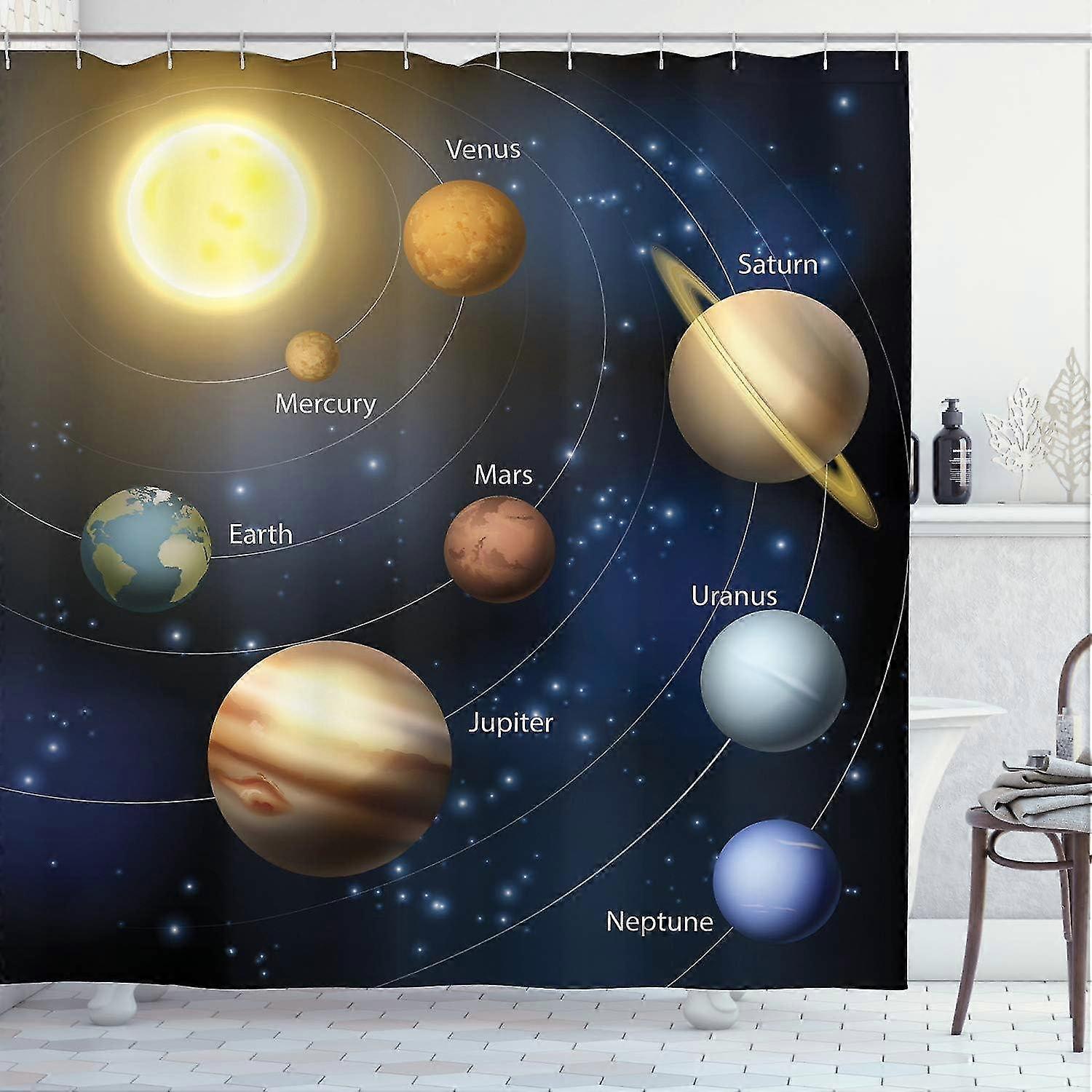Puzzle shower curtain, solar system solar planetary orbit astronomy outer space, fabric bathroom dec