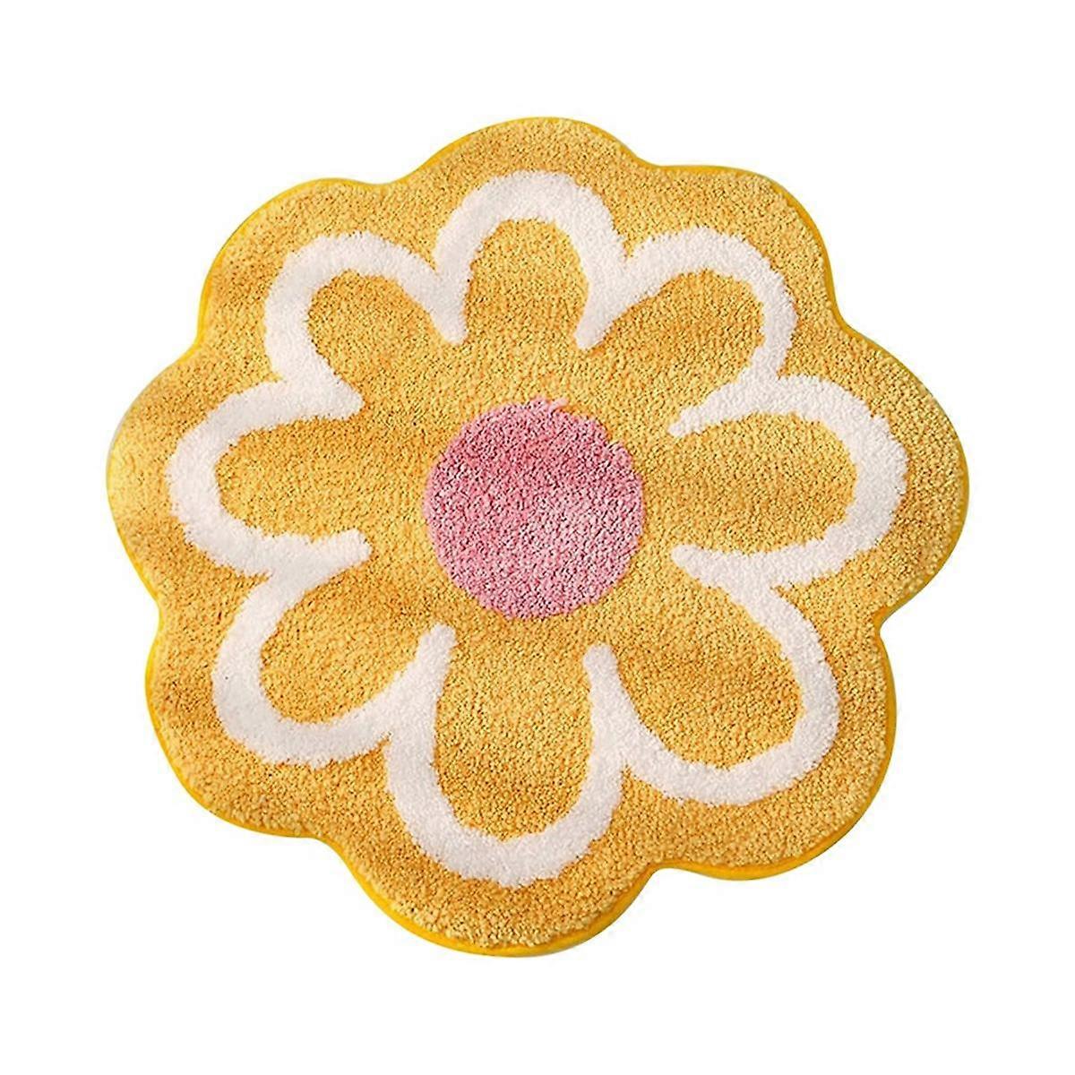 Flower Rug, Round Yellow Bath Mat, Machine Washable Bath Rugs, Accent & Absorbent Flower Bath Rug