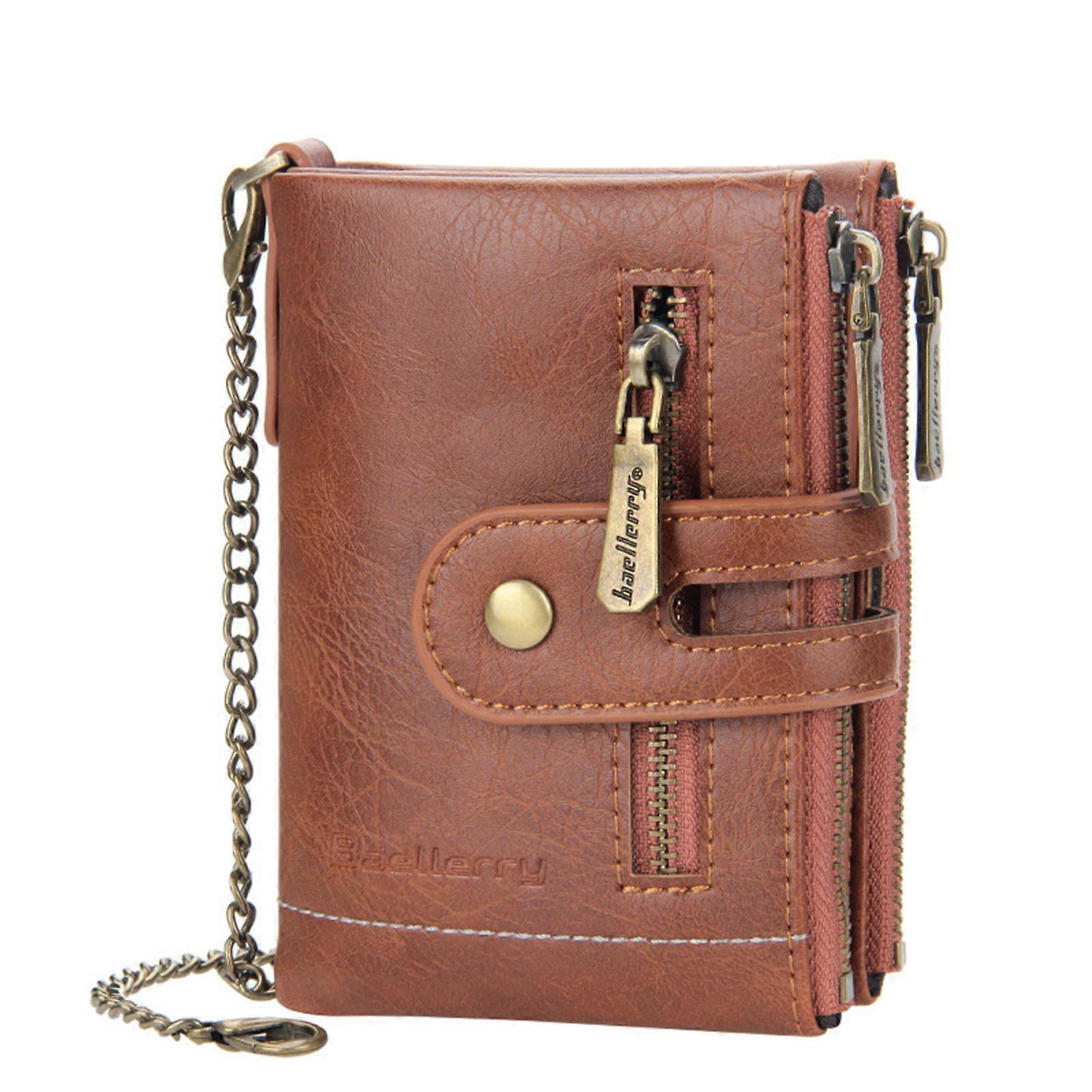 Bifold Leather Wallets with Chain Blocking Double Zipper Coin Pocket for Wedding Dating Afternoon Tea