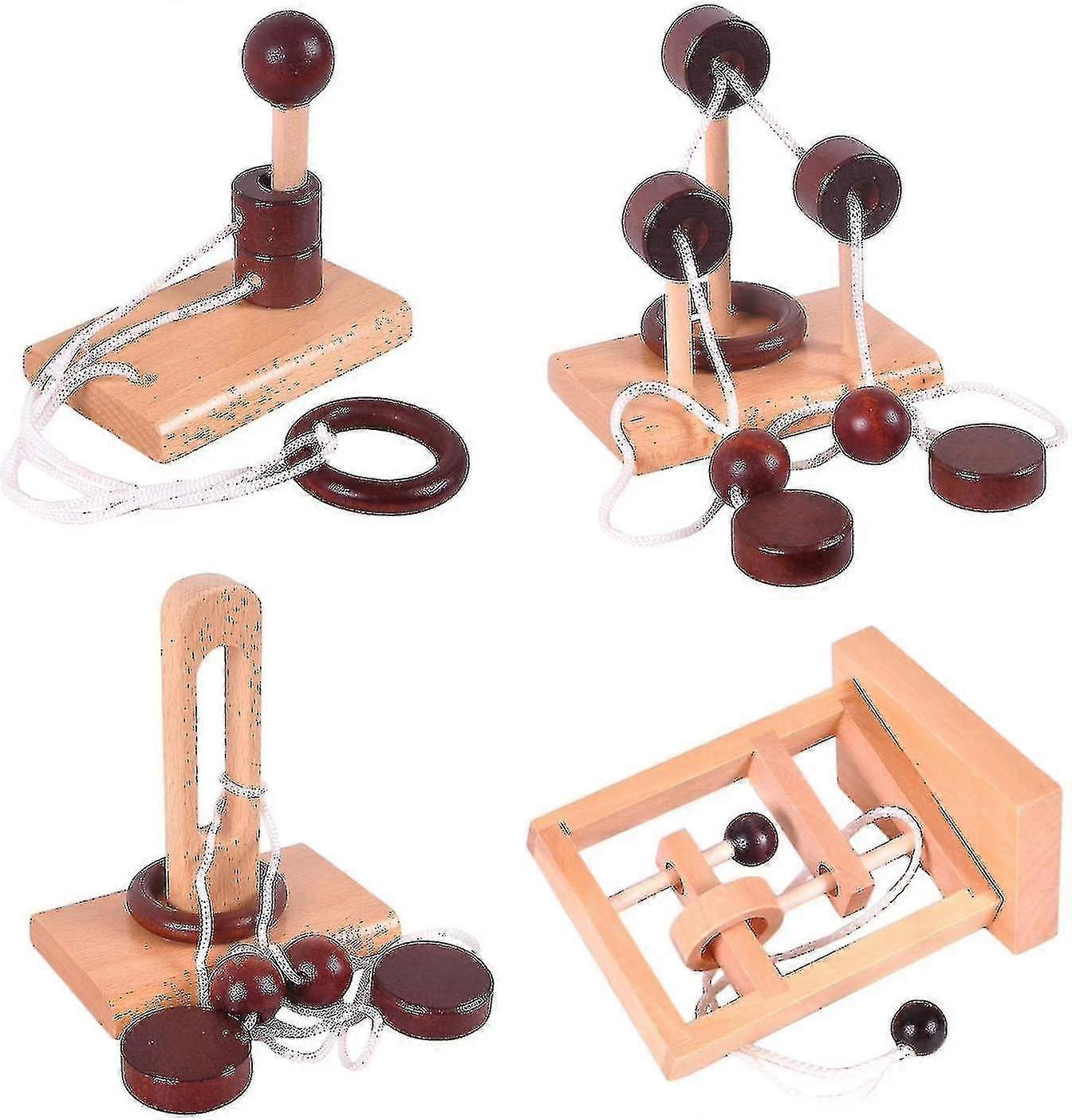 4pcs Classic Wooden Rope Puzzle Set Ring Puzzles String Solution Brain Teaser  Bl