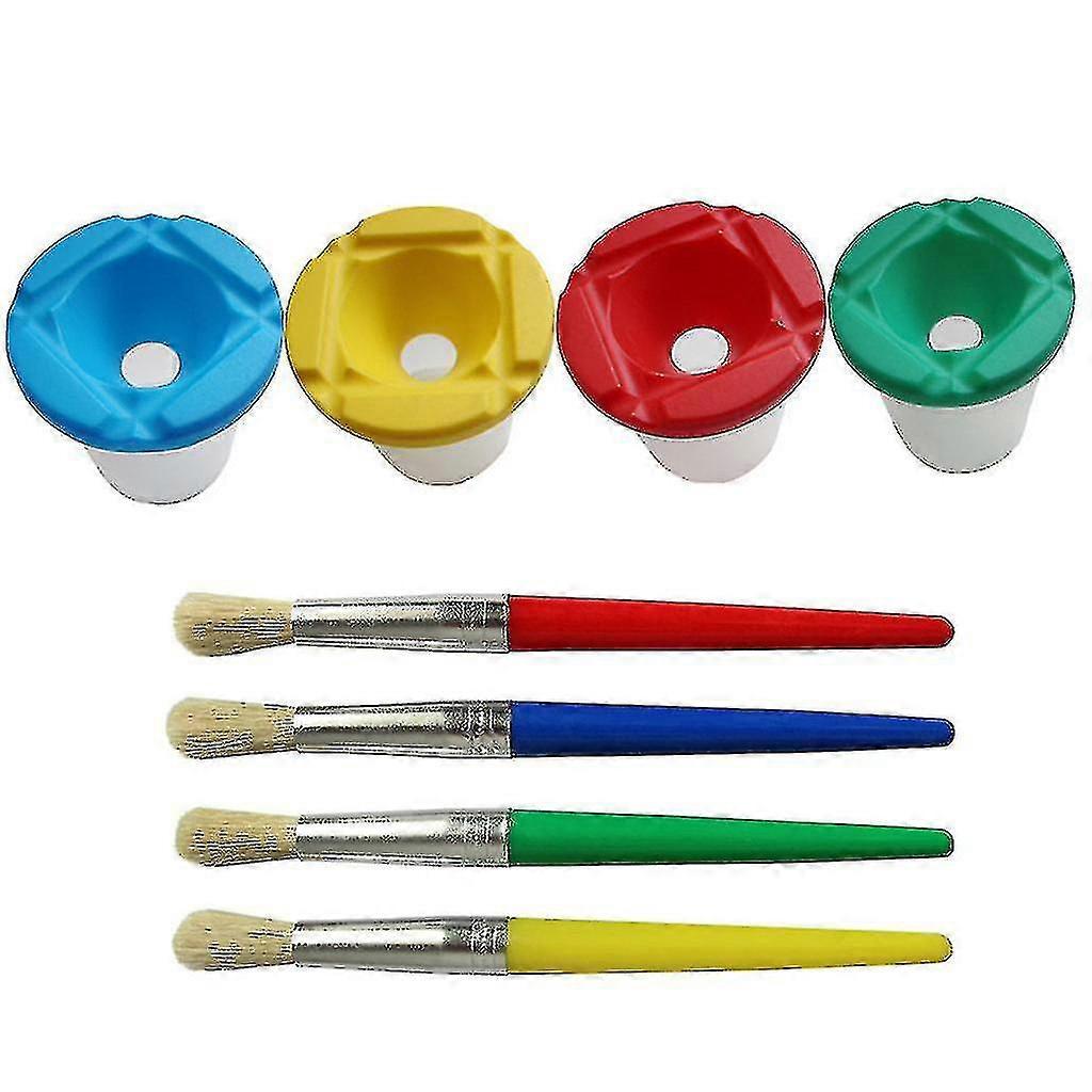 Spill Proof Paint Cups 4pcs Non Spill Paint Cup + 4pcs Paint Bristle Brush Assor