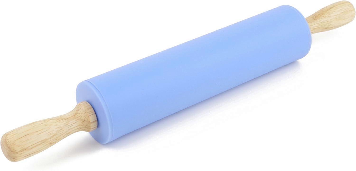 Anti Rolling PinBlue - Adhesive Silicone Shell Surface Wooden Handle