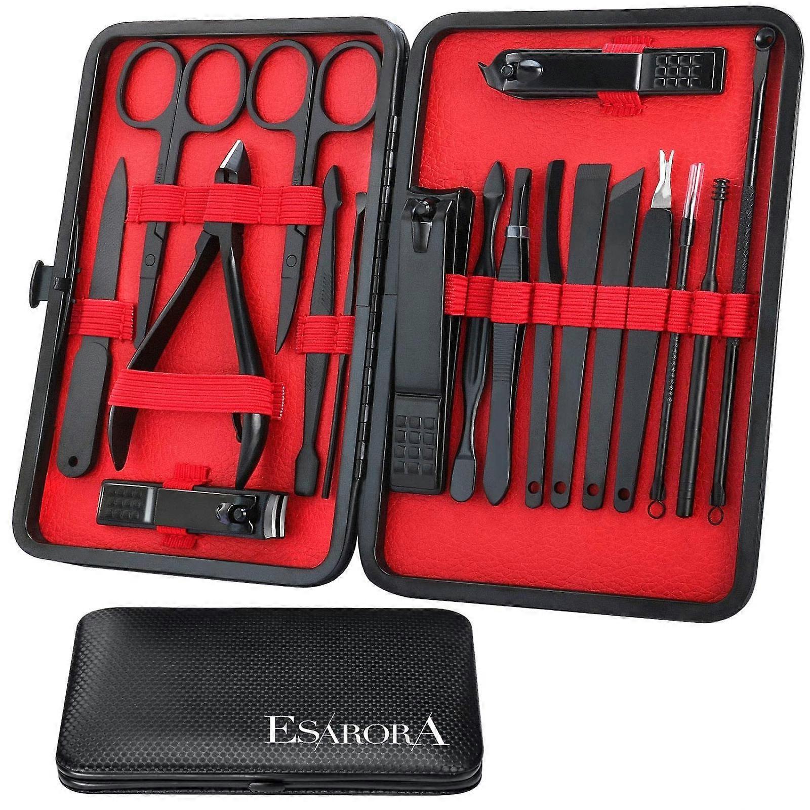 Maniküre-Set, 18-in-1, professionelles Pediküre-Set aus Edelstahl, Nagelschere, Pflegeset mit Reiseetui aus schwarzem Leder