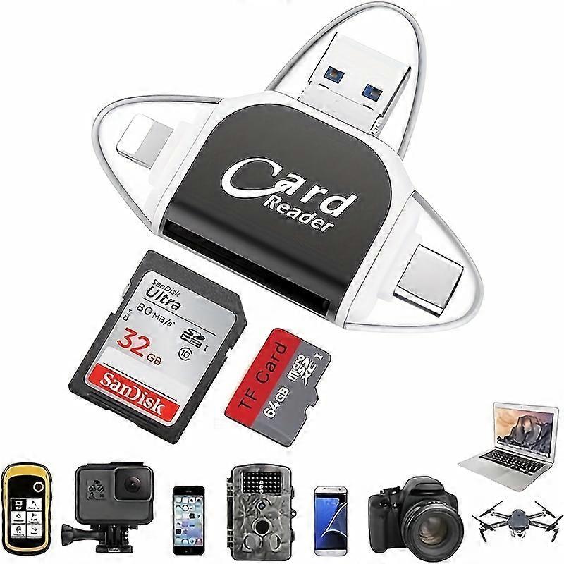 4-In-1 Sd Card Reader - Compatible With For Iphone, For Ipad, Android, Mac, And Cameras | Portable Memory Card Adapter & Trail Camera Viewer