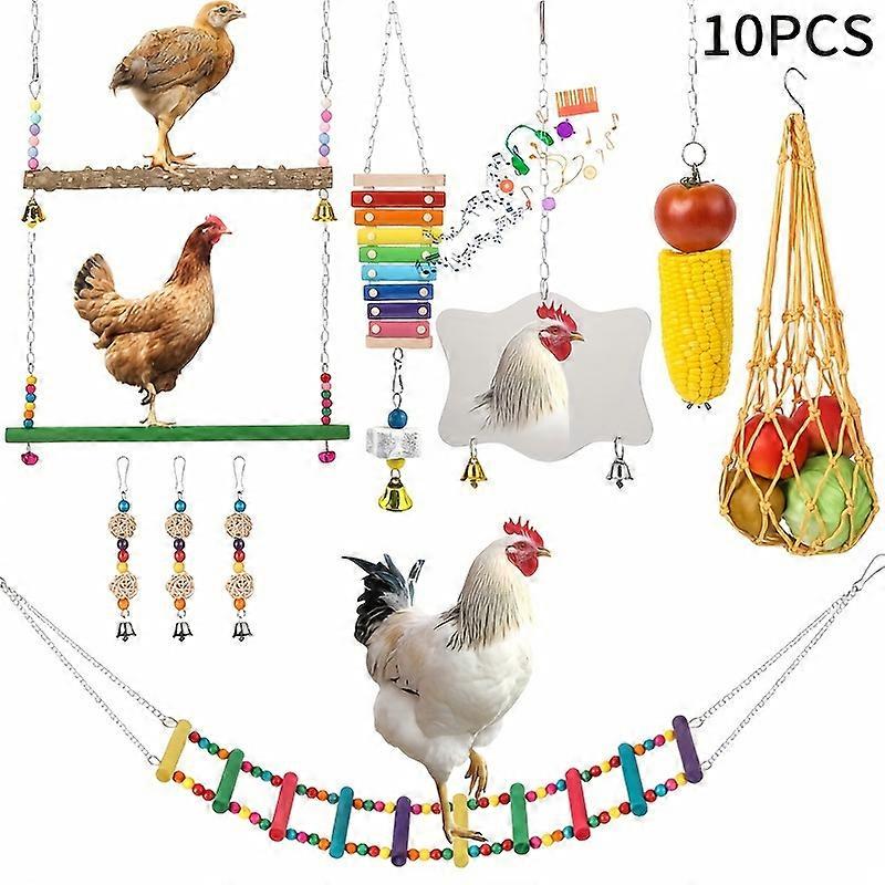 10pcs/Set Chicken Toy Set With Colorful Swing, Mirror, Bell, Fruit Holder, And Grinding Beads, Interactive Backyard Entertainment Accessories, Assorte