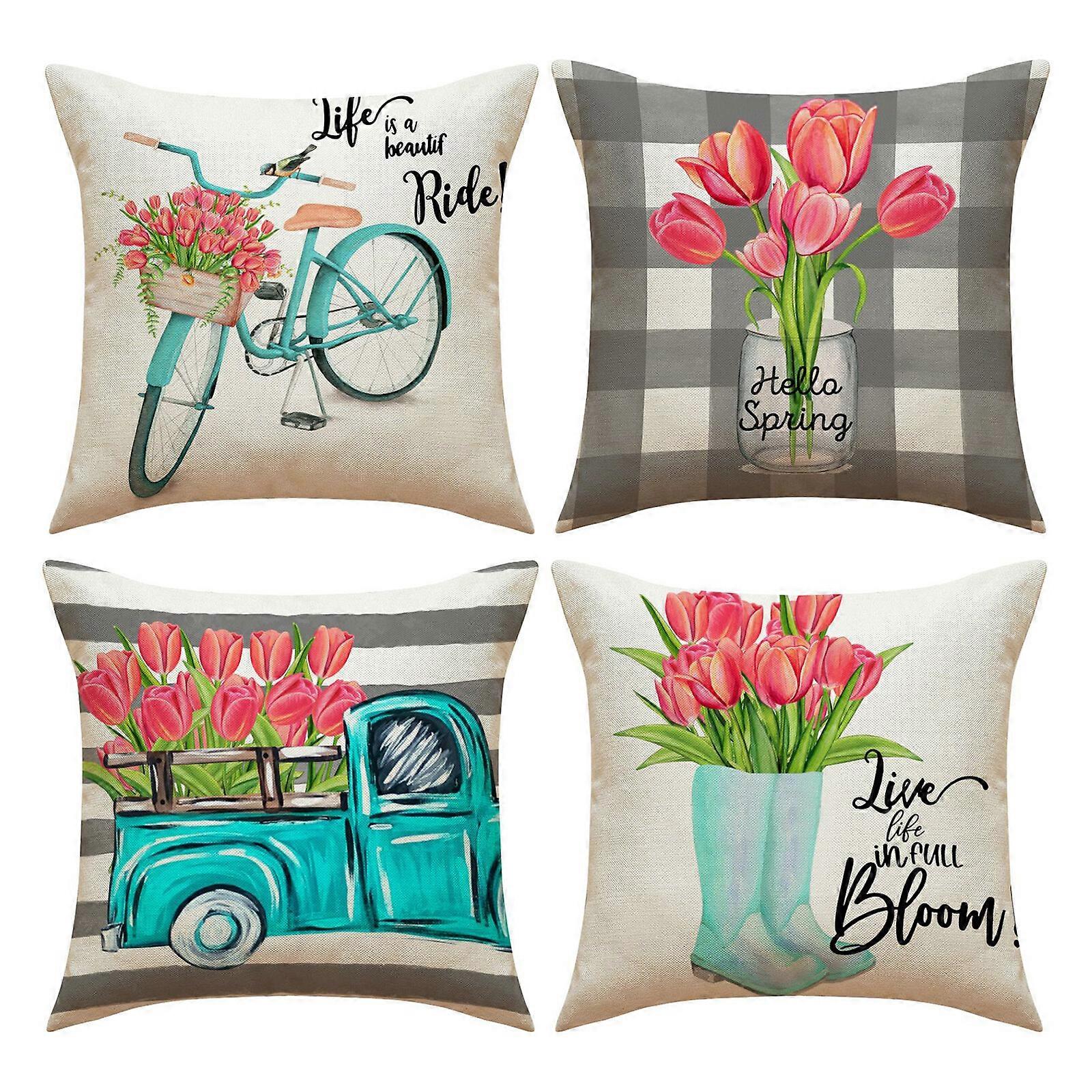 Red Tulips Pillow Case Soft Multicolor Durable Comfortable 4pcs/set 45 X 45cm Linen Spring Mother's Day Pillowcases