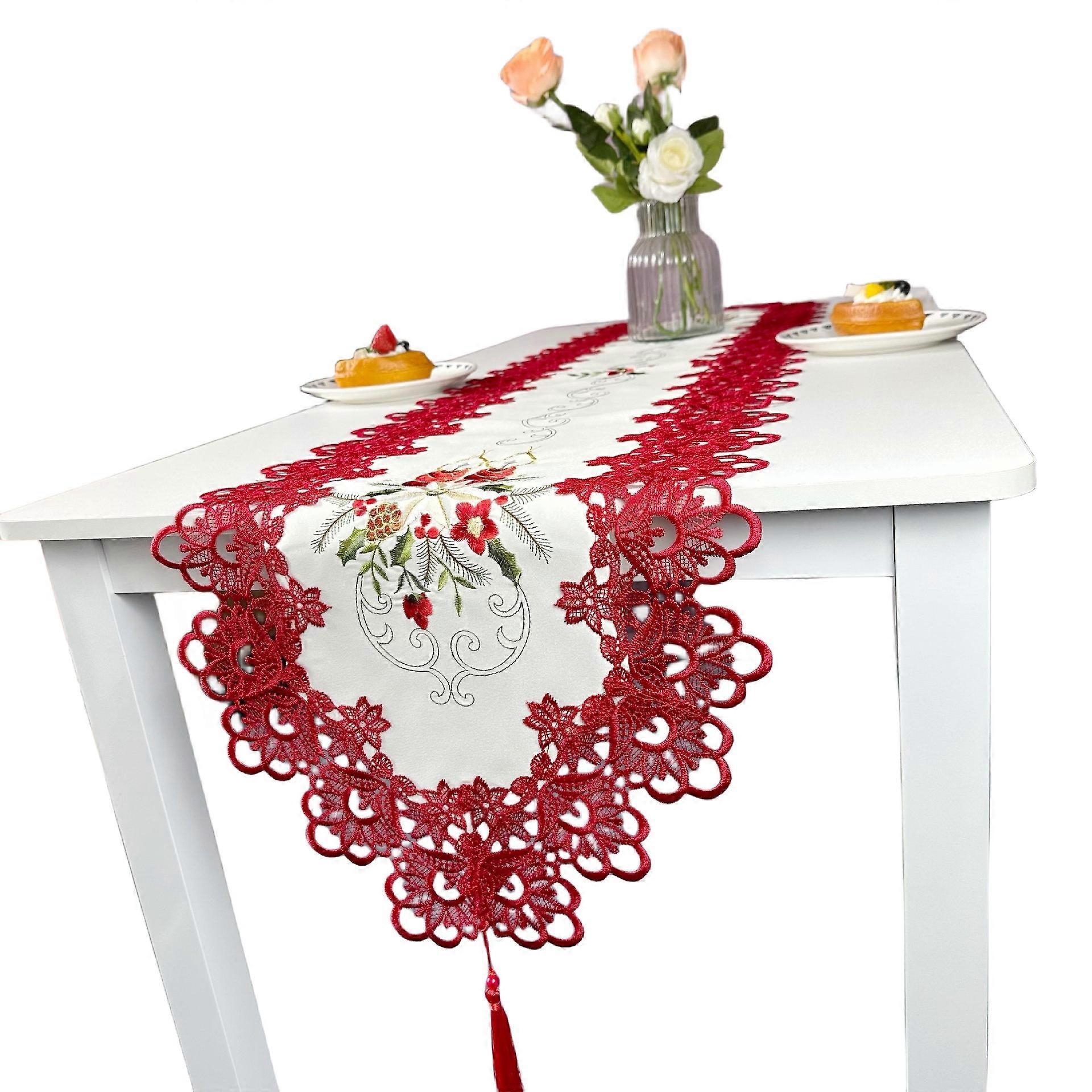 Embroidered table runner, table runner with lace border, elegant and vintage