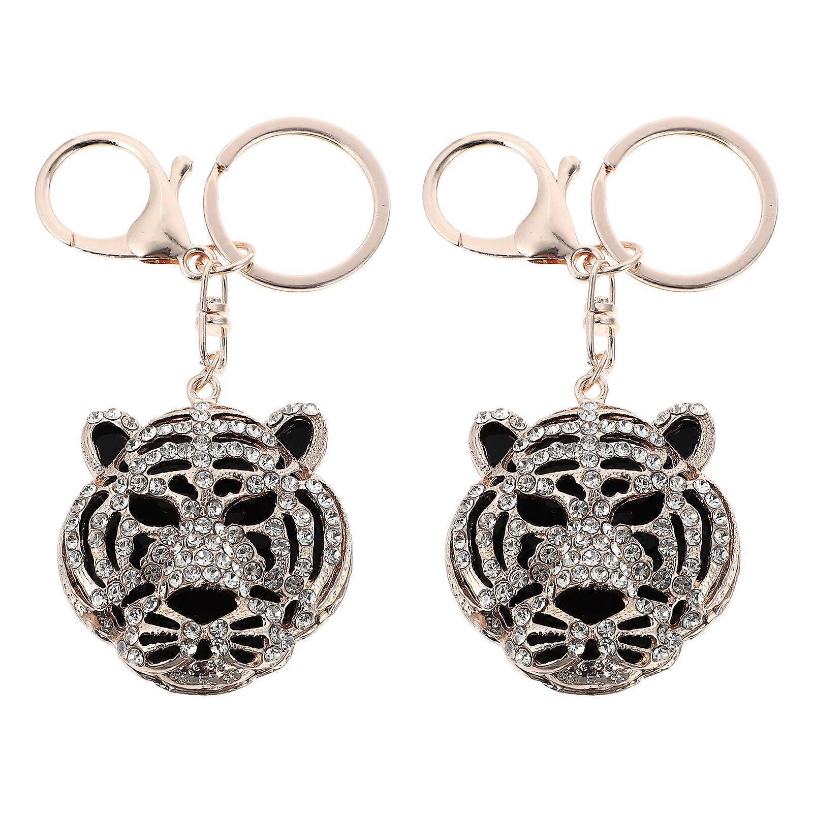 2pcs Shiny Rhinestone Tiger Keychains Porte-clés Pendentifs Creative Keyring Decors