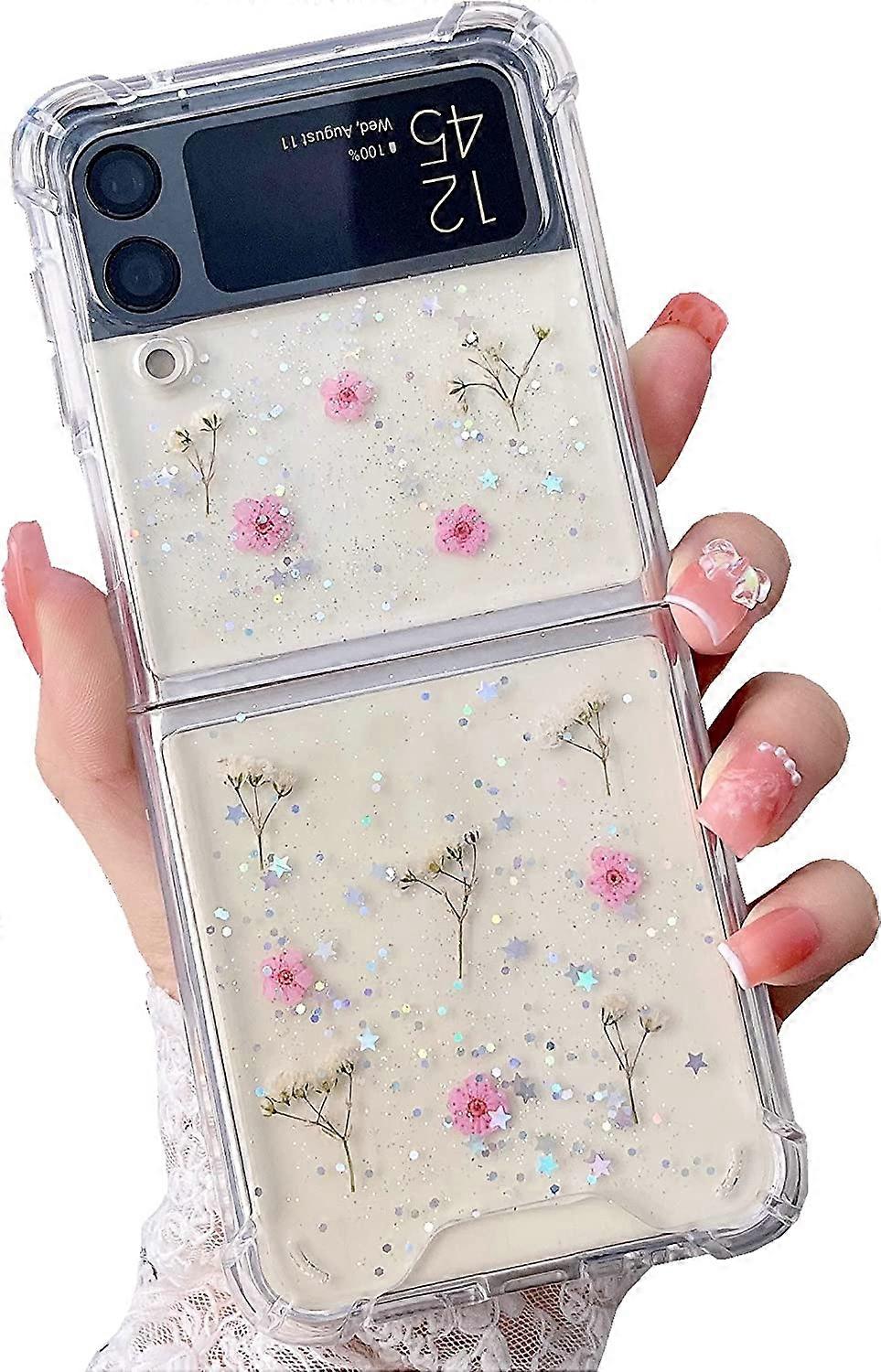 Galaxy Z Flip 4 Coque Transparente, Souple Clair Caoutchouc Flexible Planète Espace Étoiles Sparkle Case Filles Femmes Glitter Shockproof Protective Case pour Samsung Gala