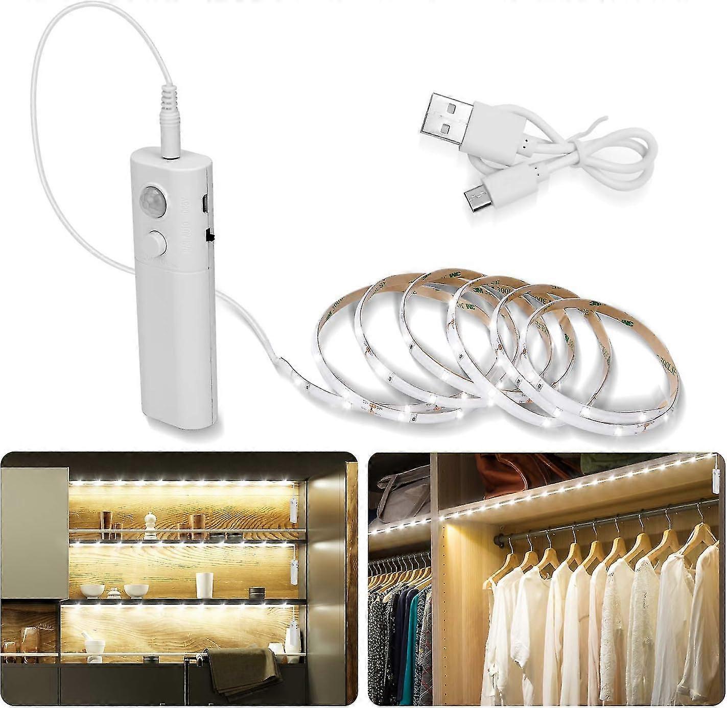 2m Rechargeable Wardrobe Lights, Luxjet Wake Up Night Lights Led Strip Lights, Motion Sensor Activated, Auto On/off And Timer, 3000k Warm White For Cl