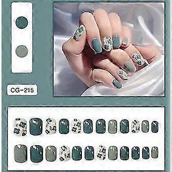 24 stks Glanzende Korte Vierkante Druk Op Nep Nagels Blauwe Franse Full Cover Acryl Kunstnagels