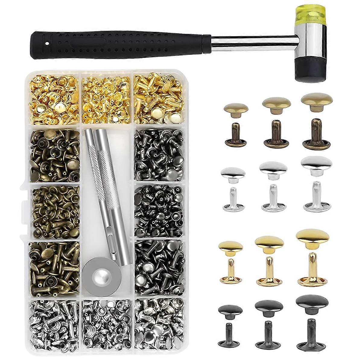 300 Sets Leather Rivet Set 4 Colors Double Cap Rivets For Leather 3 Sizes With Rubber Mallet Installation Tool Set 3 Pieces For Diy Leather Craft, Clo
