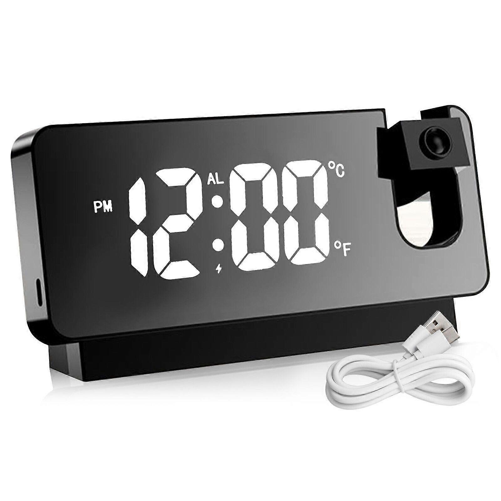 LED Mirror Projection Alarm Clock Thermometer Digital Snooze Rotated Display USB