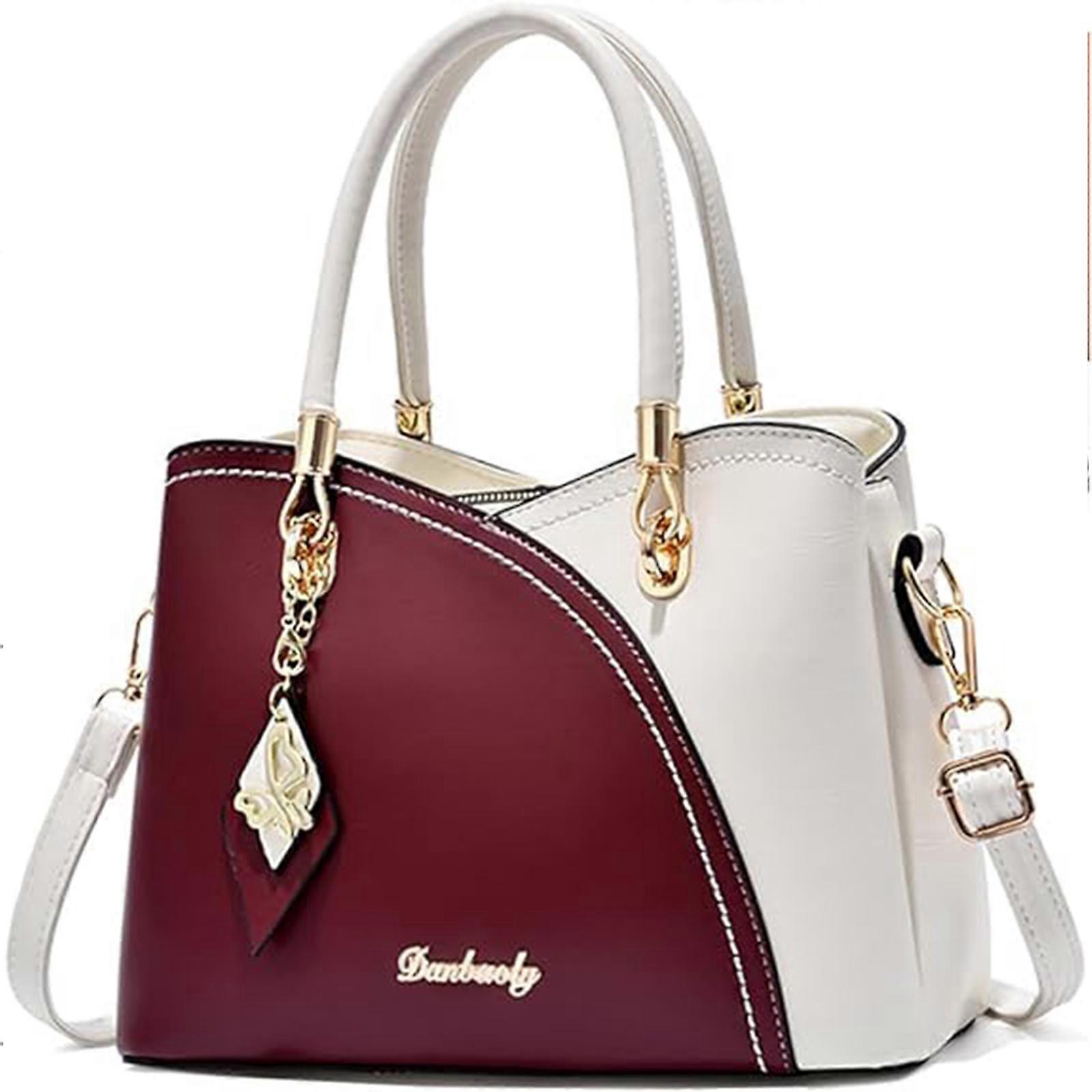 エレガントなワインレッド&ホワイトハンドバッグ、ミッドエイジレディースレザーショルダーバッグ