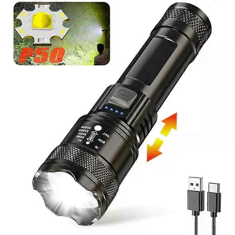 P70 LED Tactical Flashlight Powerful 5000LM Bright with Telescopic Zoom Emergency Light Built-in Type-C Battery ABS+PC