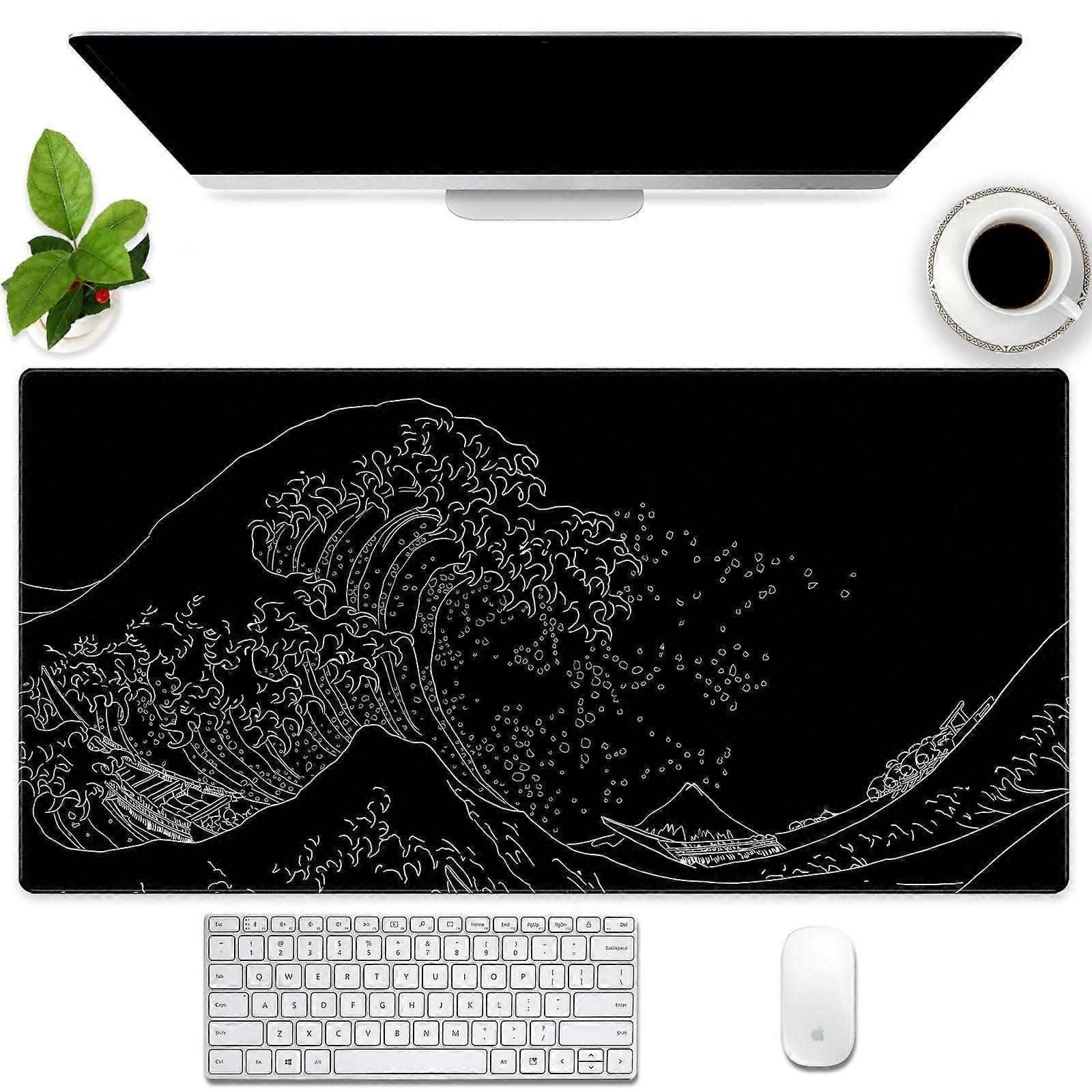 Black Japanese Wave Desk Pad Mat for Gaming Mousepad on Desk 31.5''X15.7''