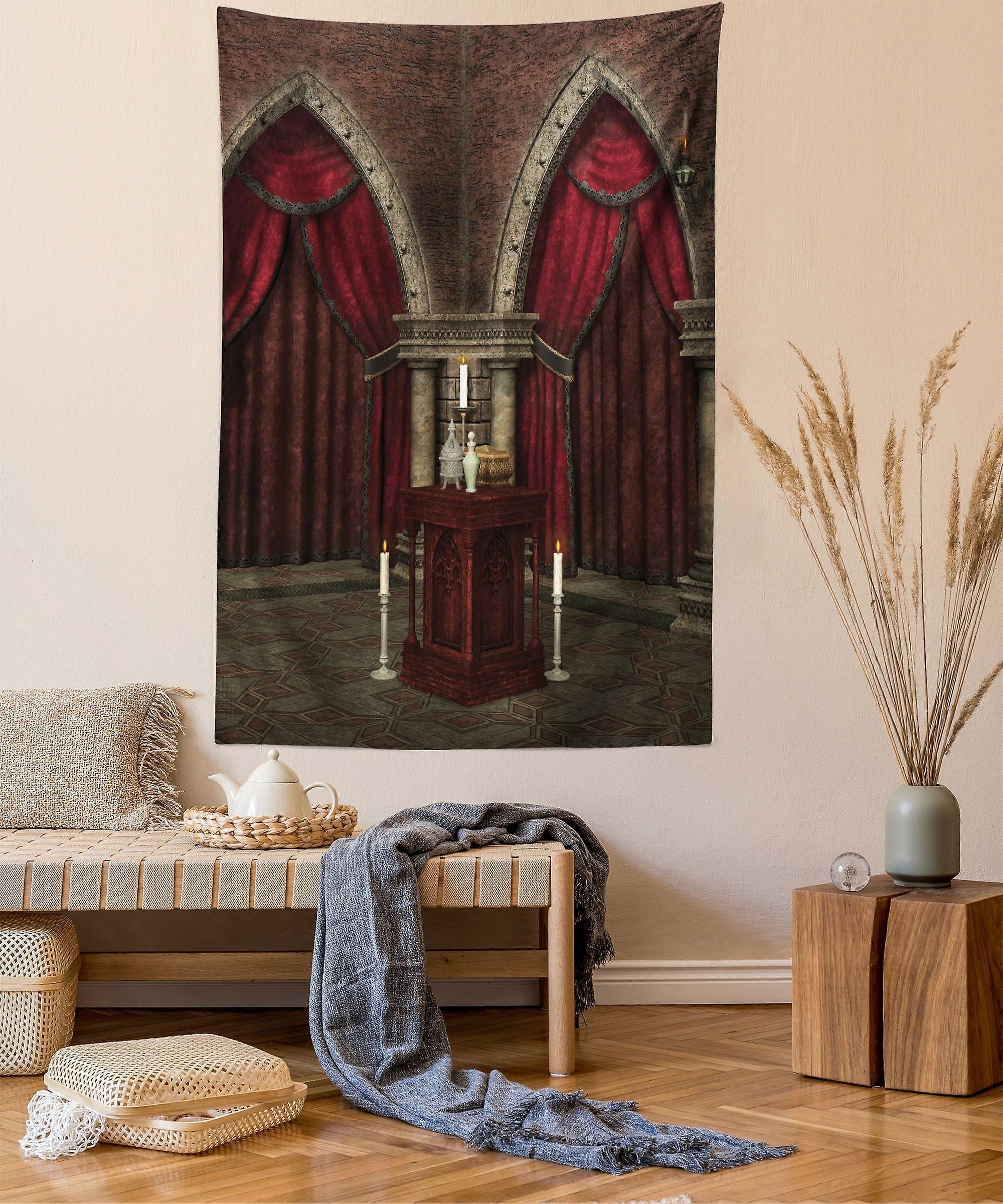 Gothic Goblen Tapestry 40"x60" with Castle Columns and Candles Design in Red and Black for Dark Room Decor