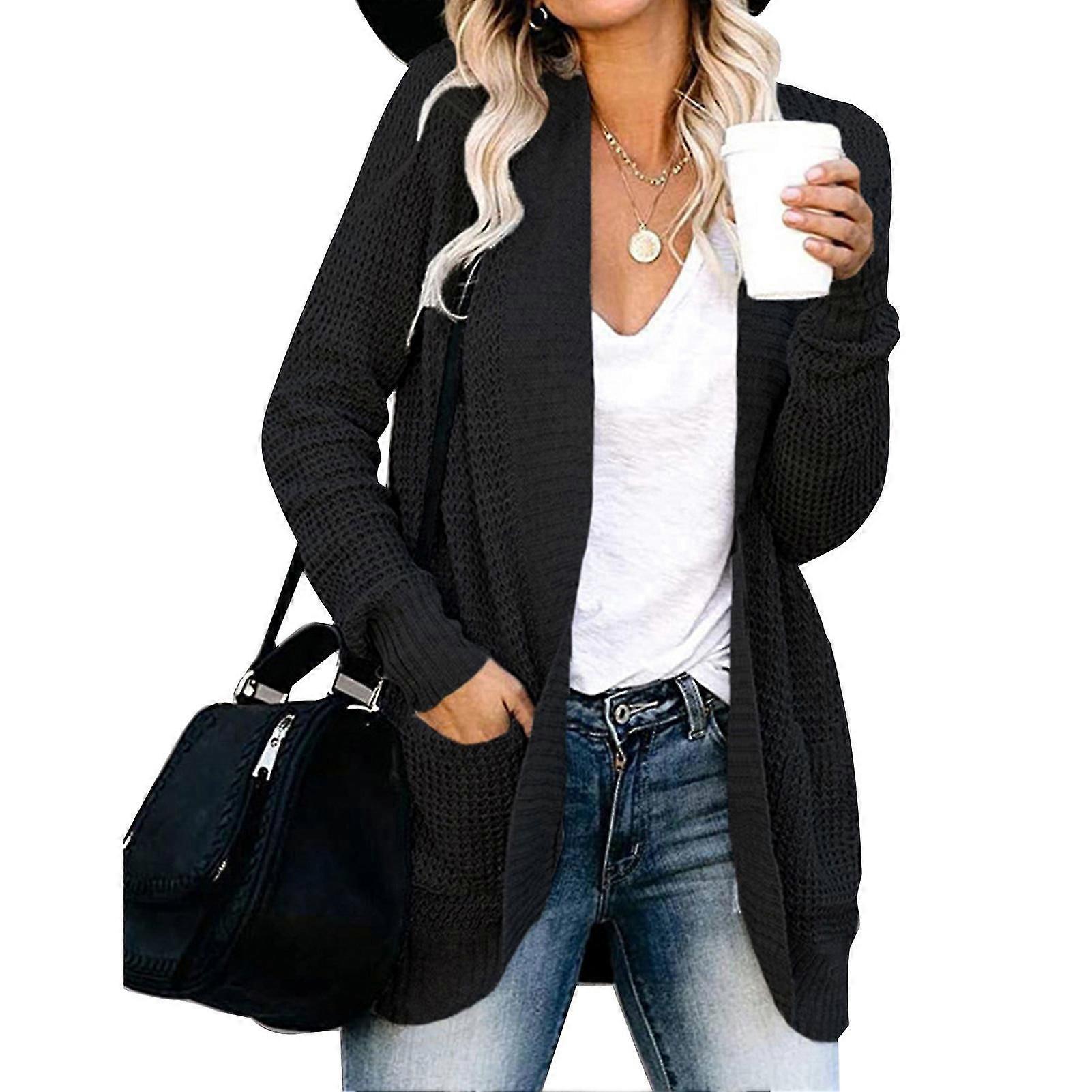 Offener vorderer Button-Down-Cardigan-Pullover mit Taschen in mittellangem einfarbigem Pullover