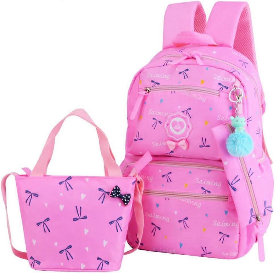 3-Pack Heart Print Backpack Set Bow Elementary School Bag Travel Backpack (Pink)，9249