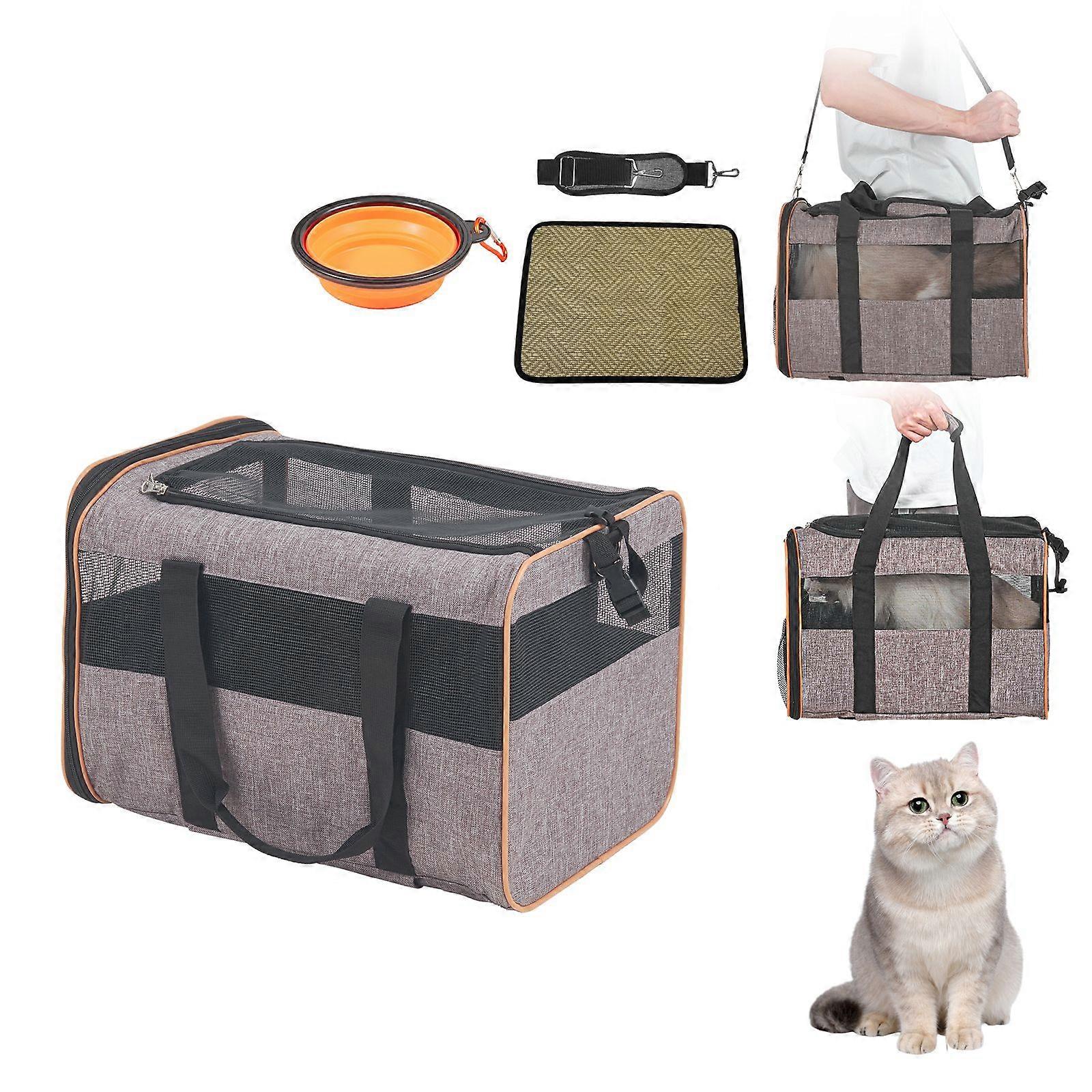 Cat Carrier with Wheels,Dog Carrier with Wheels for Pets under 22 lbs, with 1 Folding Bowl, Grey