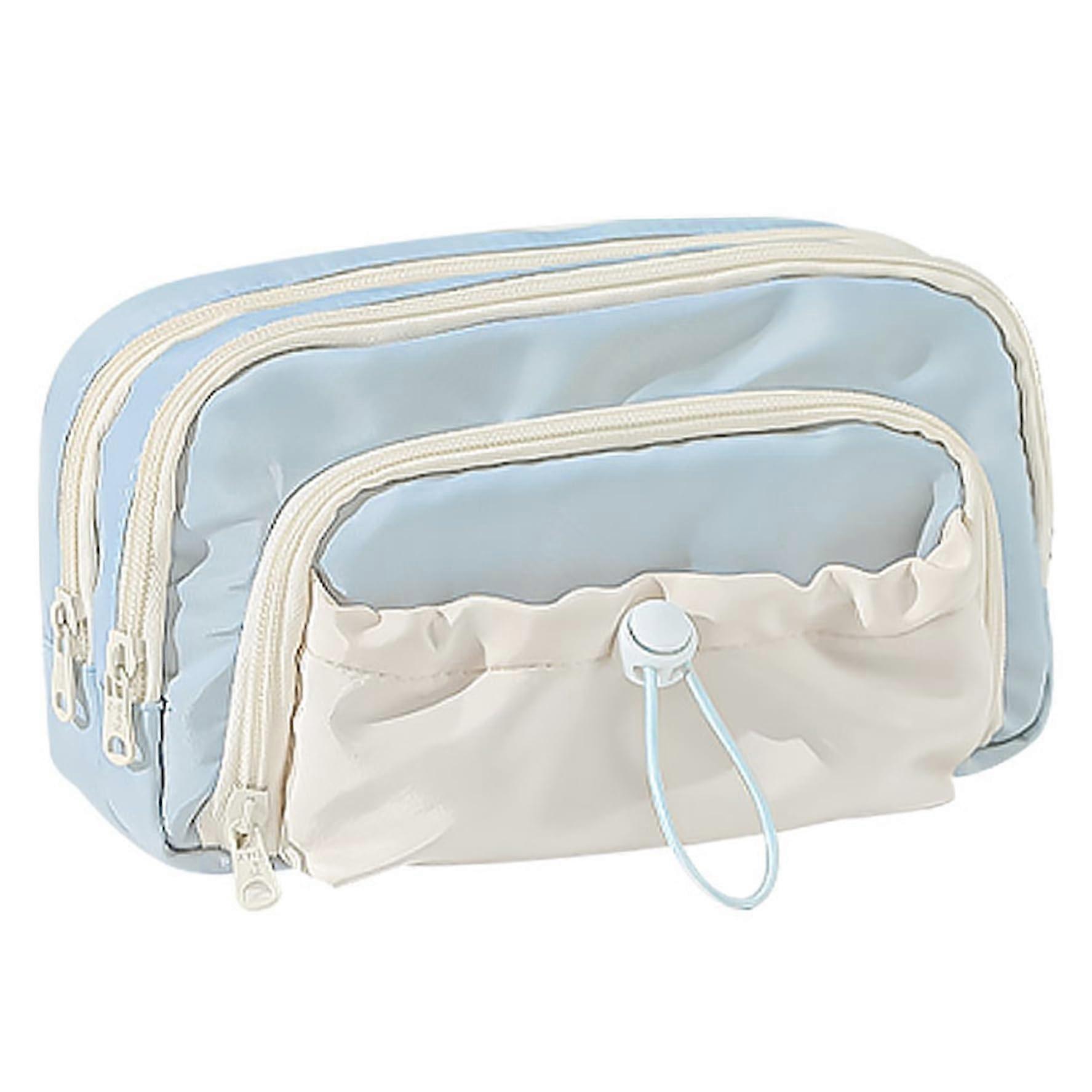 Aesthetic Pencil Case 21 x 13 x 9.9 cm, Large Capacity Fabric Zipper Pencil Case For Students, Kawaii Simple Style Blue