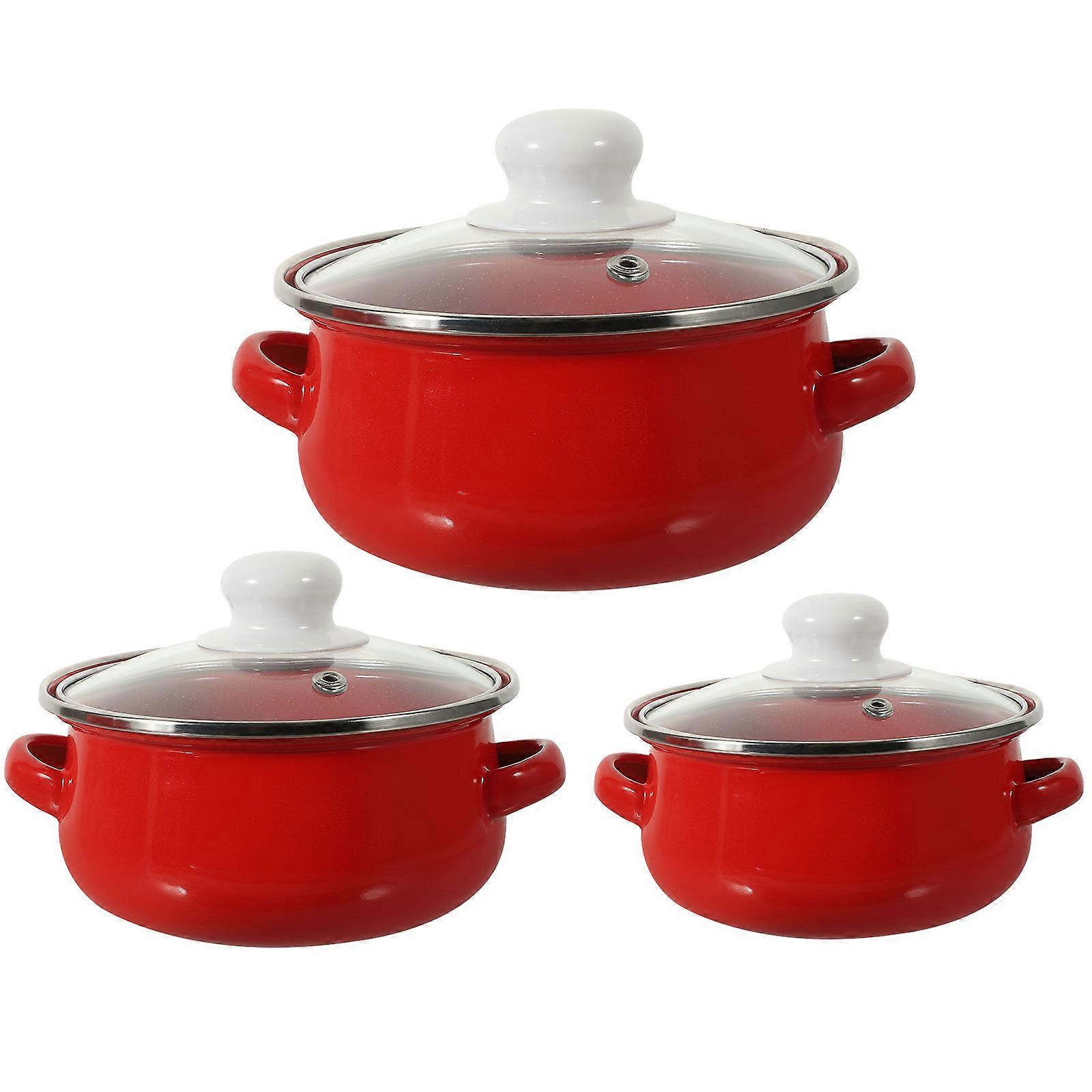 3Pcs Kitchen Pot Multi Use Enamel Cooking Pot with Double Handles Soup Pot and Flat Bottom Pot